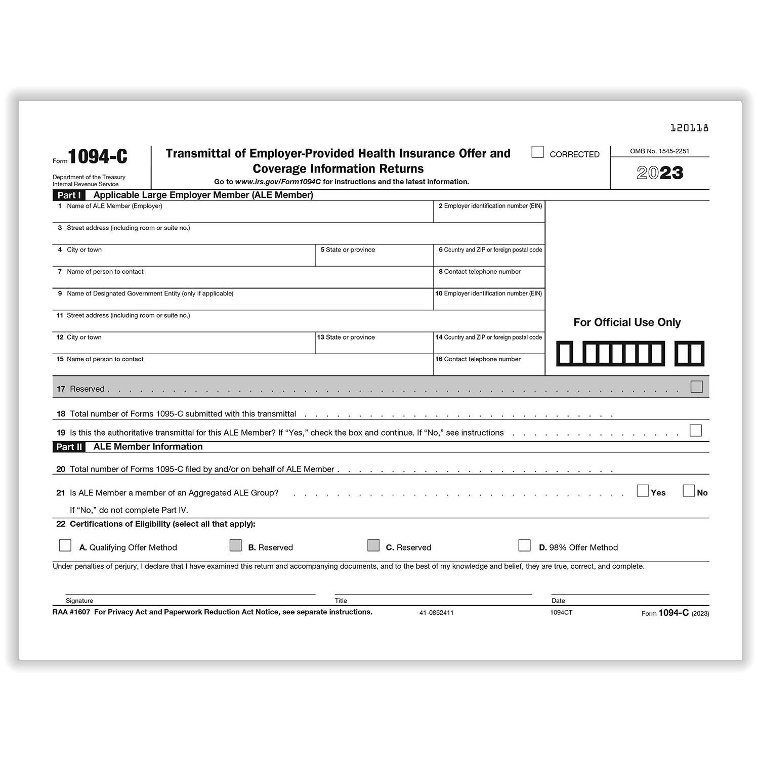 Picture of 1094-C Transmittal of Employer-Provided Health Insurance Offer and Coverage Information Returns (3 pages), Pack of 50