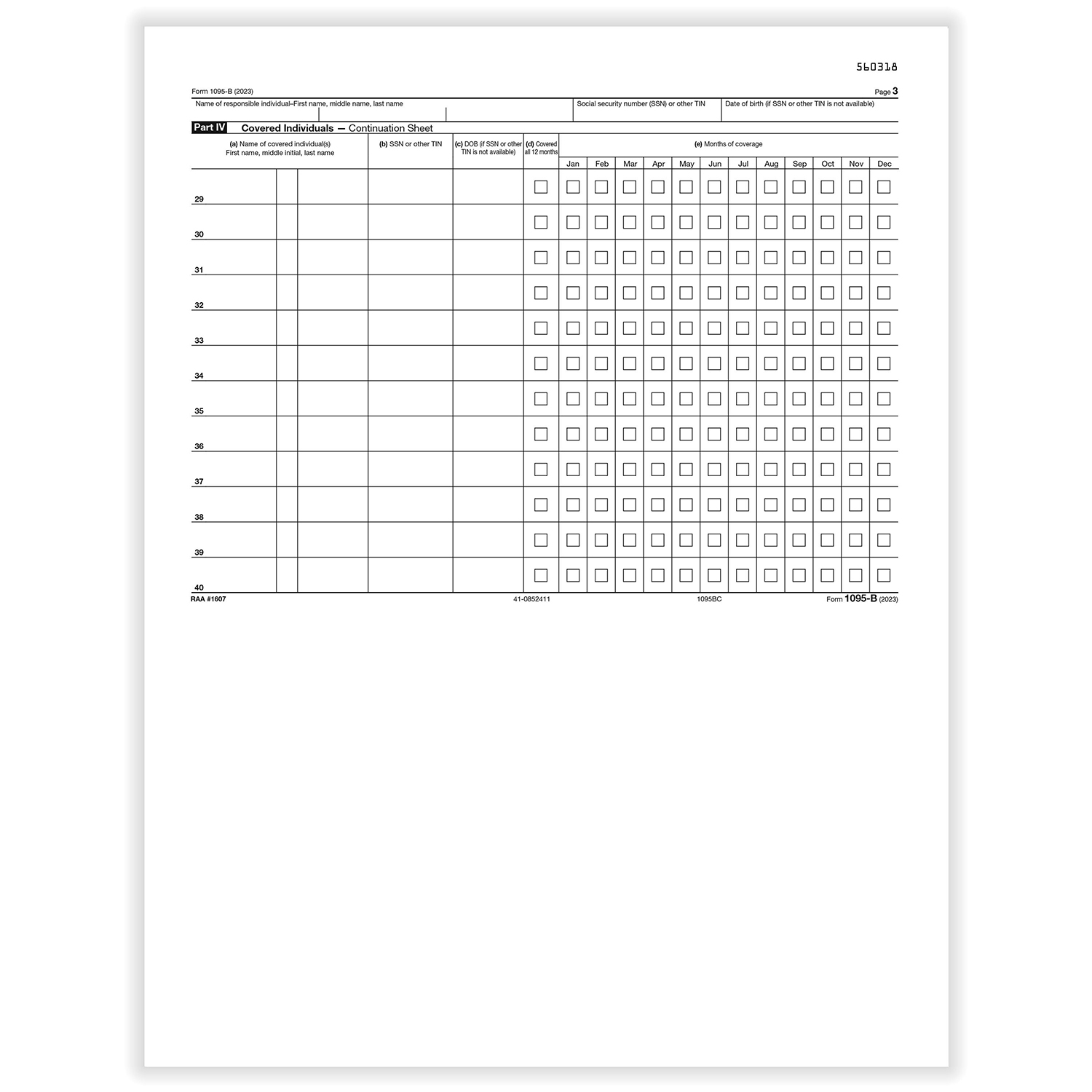 Picture of 1095-B "Employee/Employer" Health Coverage "Continuation", Pack of 25