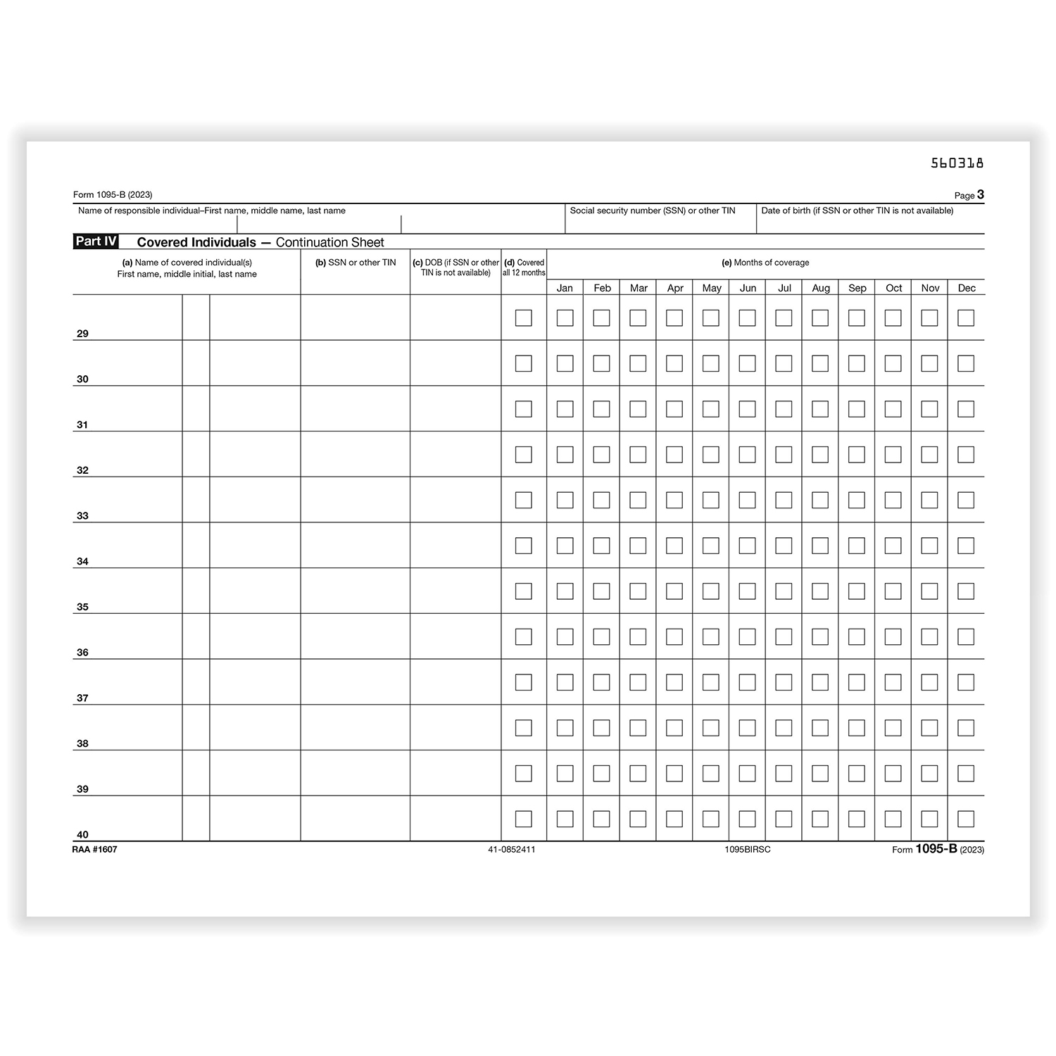 Picture of 1095-B "IRS" Copy Health Coverage "Continuation", Landscape, Pack of 25