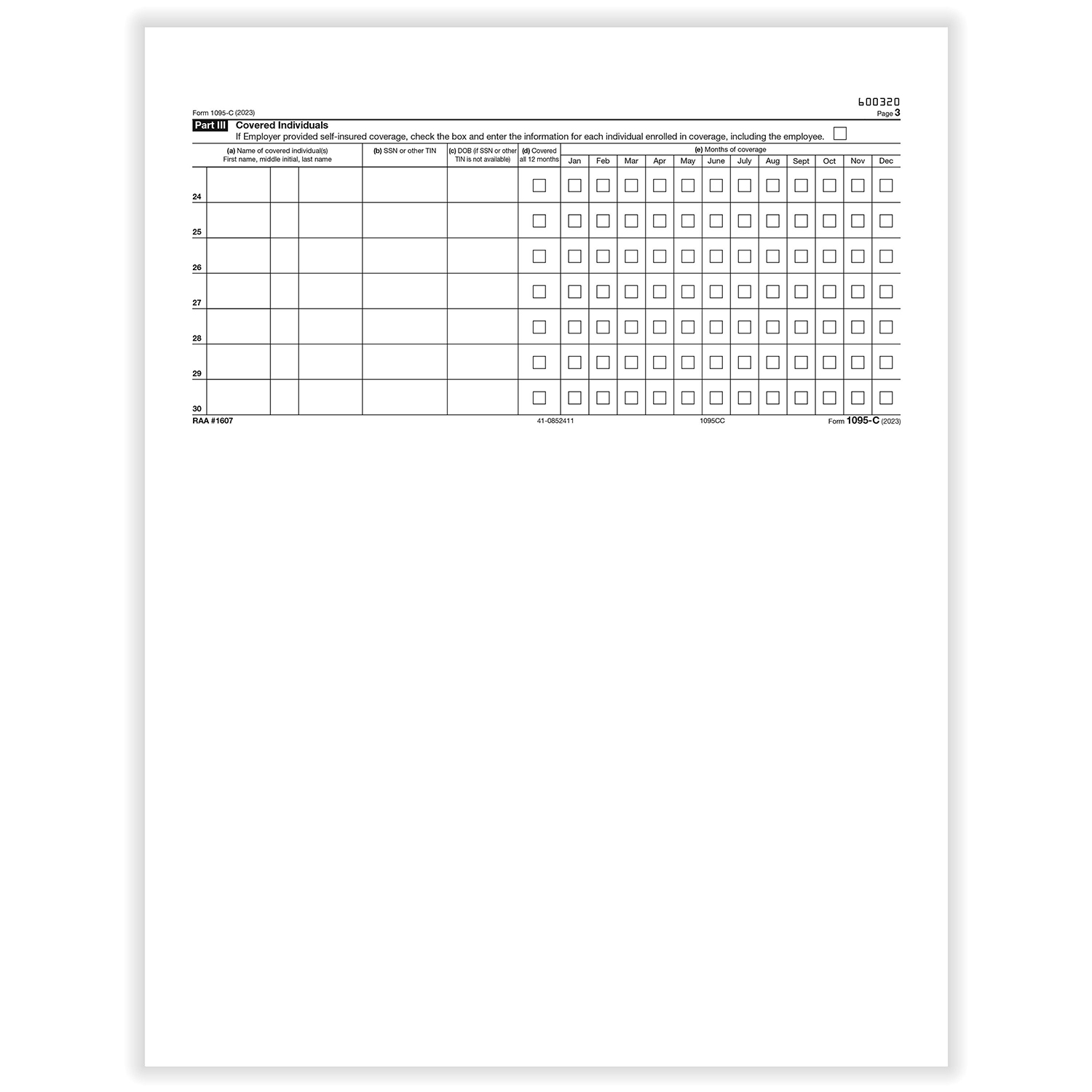 Picture of 1095-C "Employee/Employer" Employer-Provided Health Insurance Offer and Coverage, Continuation, Pack of 50