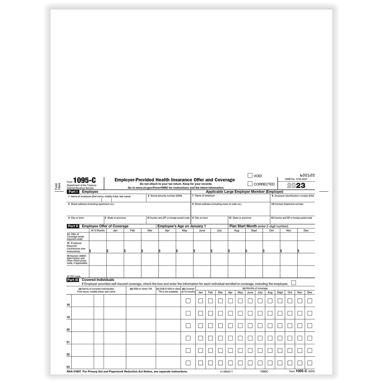 Picture of 1095-C "Employer/Employee" Copy Employer-Provided Health Insurance Offer & Coverage, Pack of 50