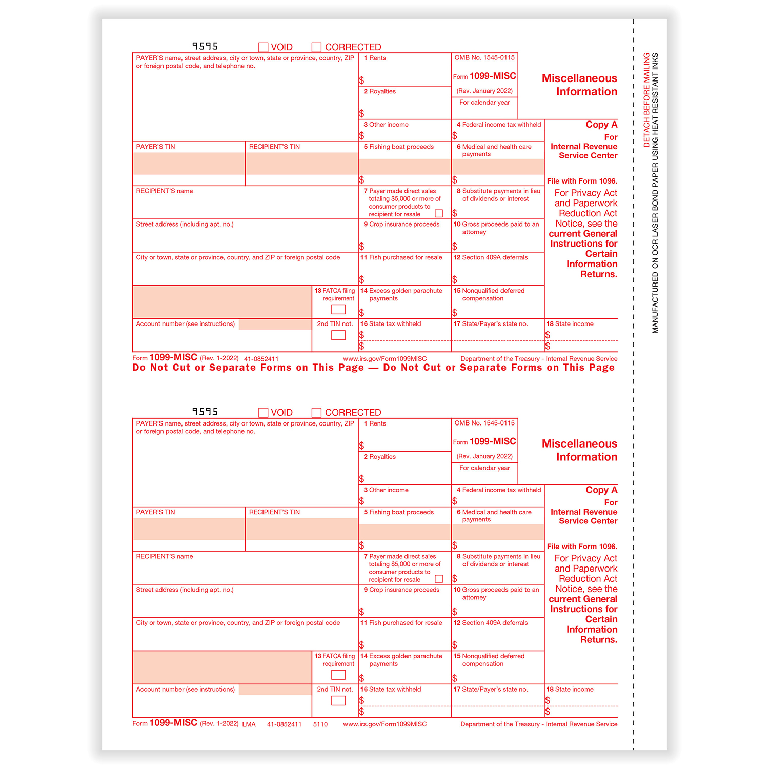 Picture of 1099-MISC, 2-Up, Federal Copy A (1,000 Forms)