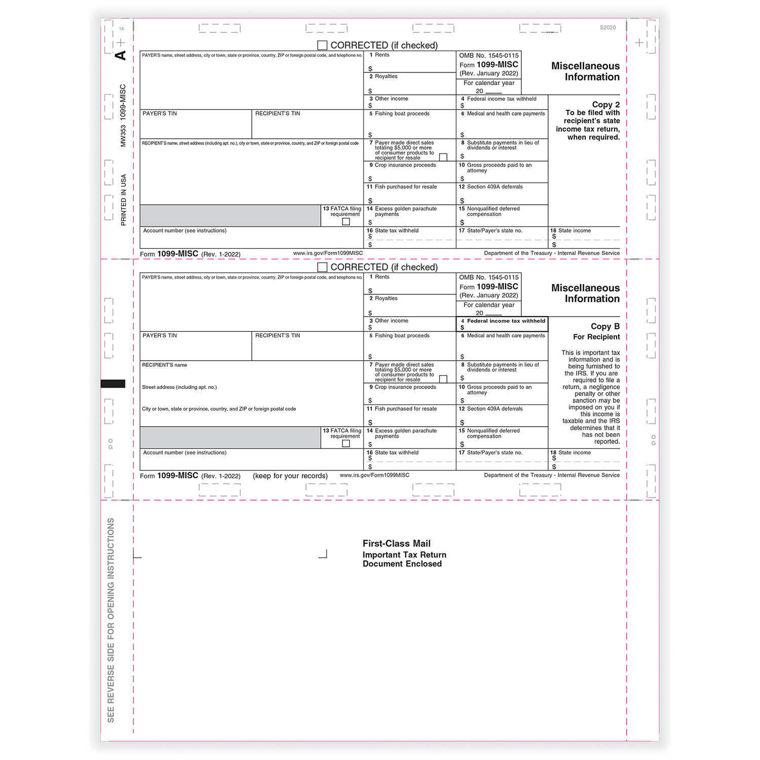 Picture of 1099-MISC, 2-Up Horizontal, Copy B & 2, Z-Fold, 11" (500 Forms)
