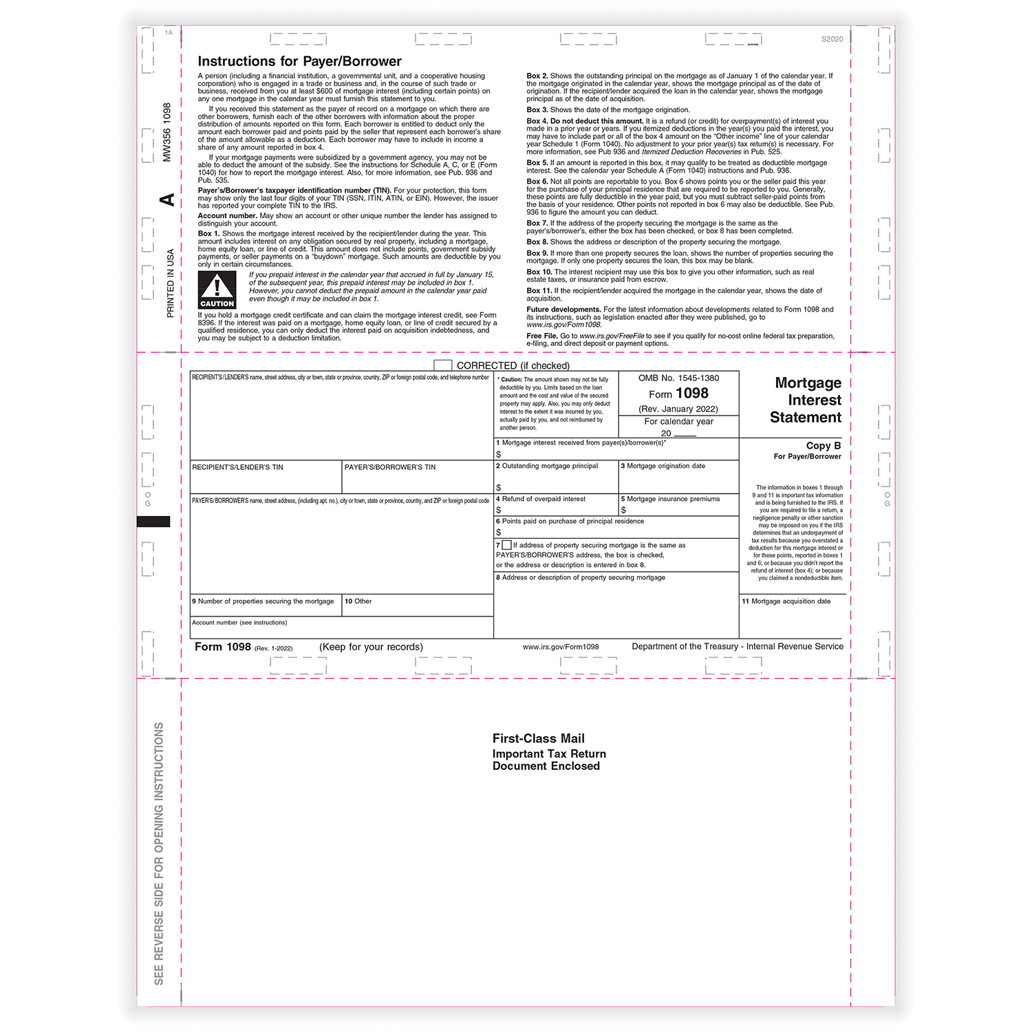 Picture of 1098-Mortgage Interest, Copy B, Z-Fold, 11" (500 Forms)