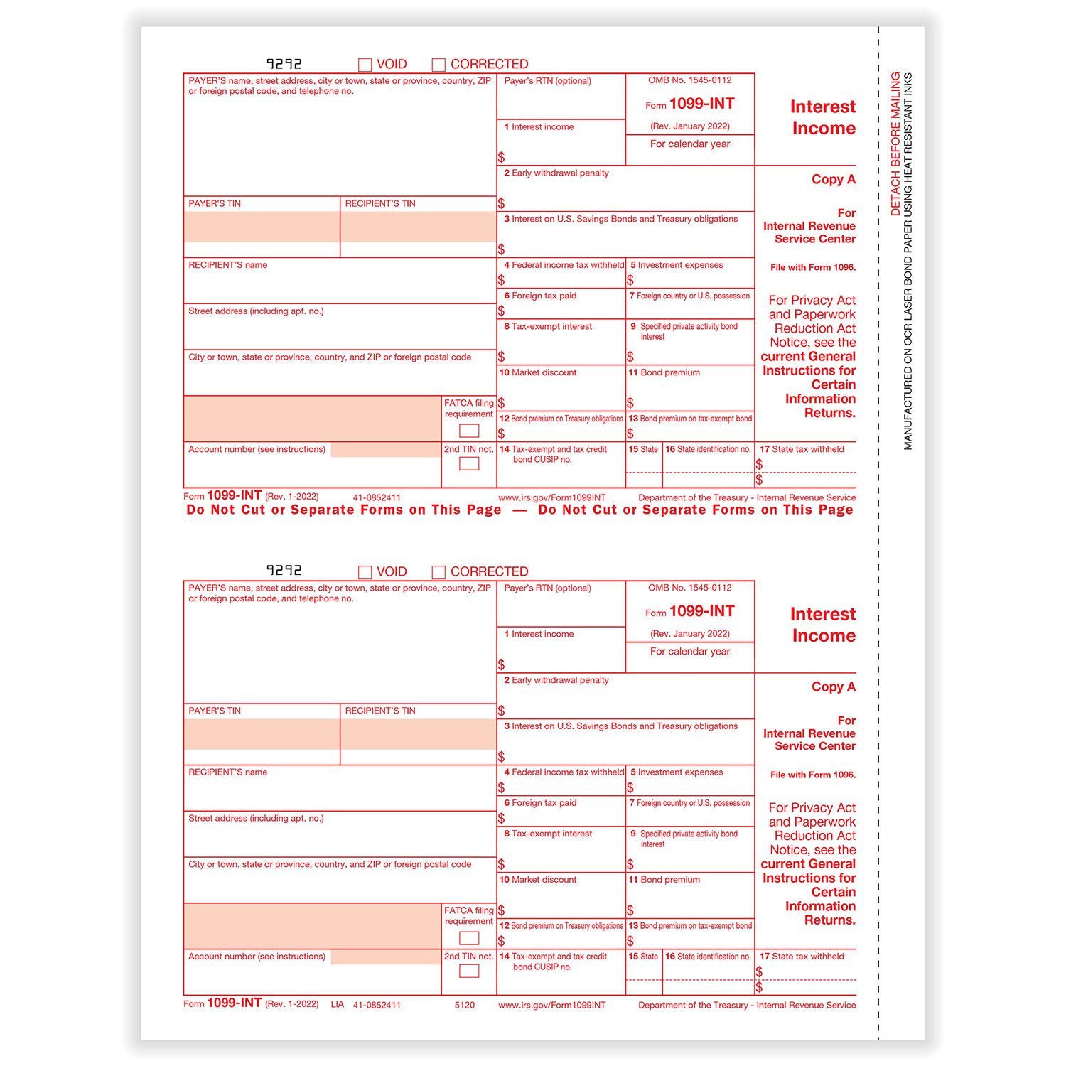 Picture of 1099-INT, 2-Up, Federal Copy A (1,000 Forms)