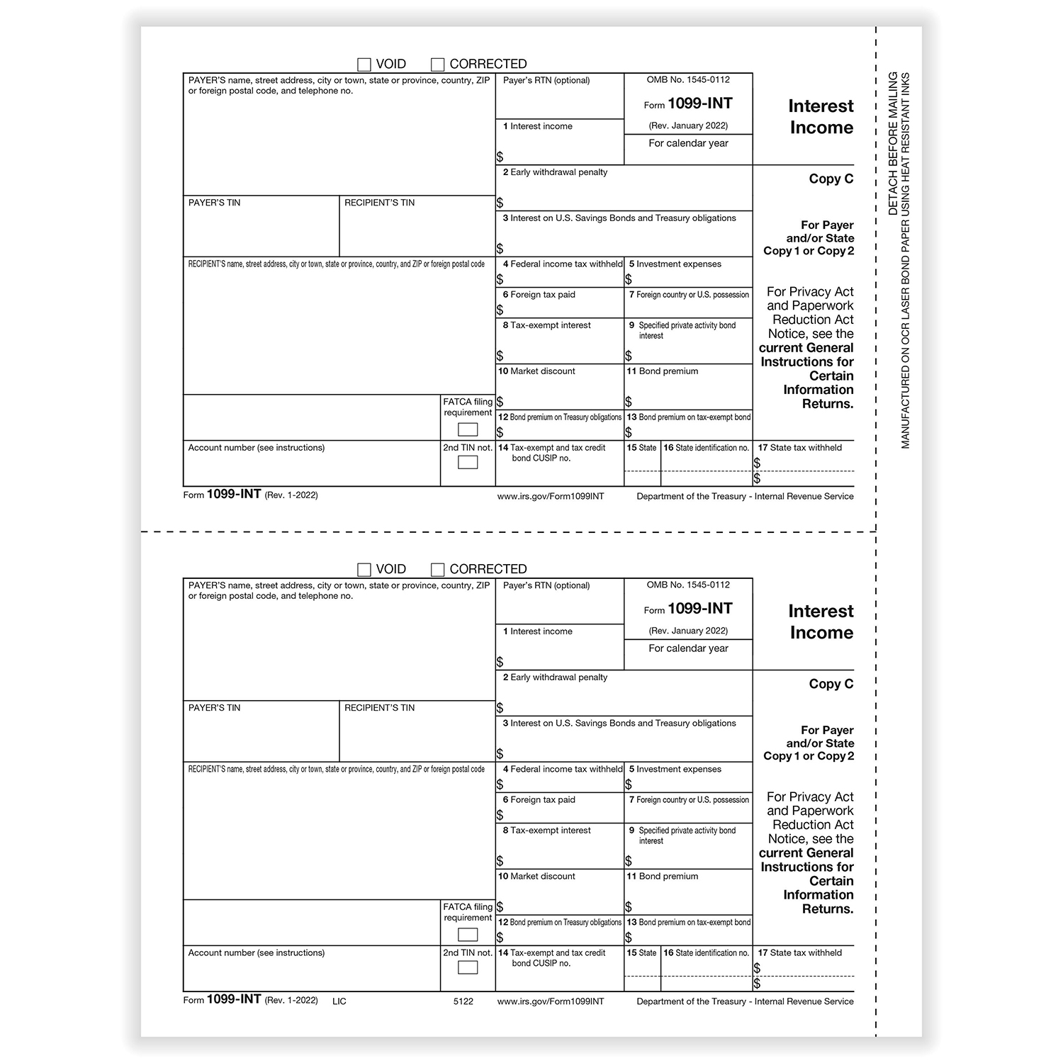 Picture of 1099-INT, 2-Up, Payer or State Copy C (1,000 Forms)