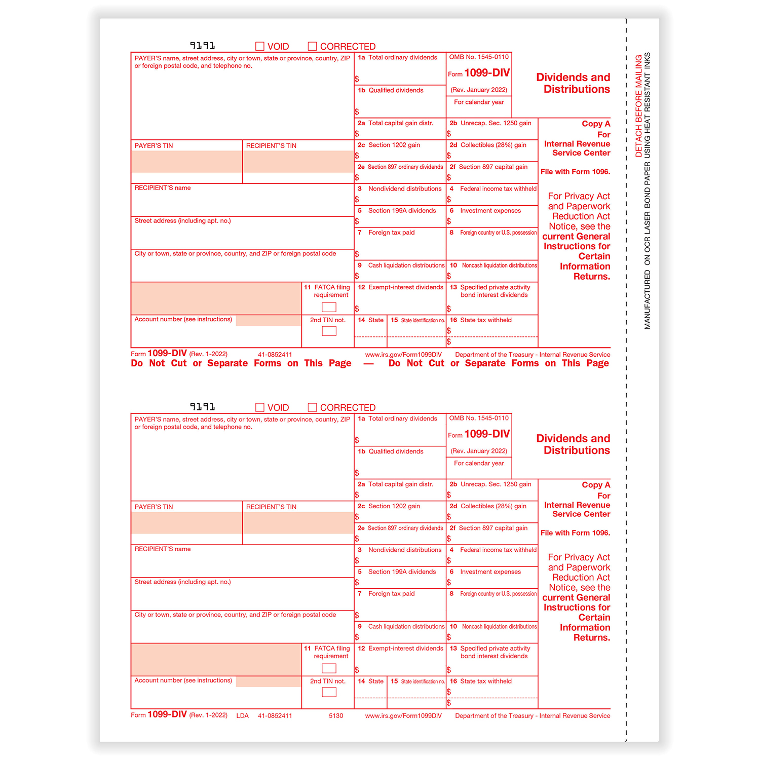 Picture of 1099-DIV, 2-Up, Federal Copy A (1,000 Forms)