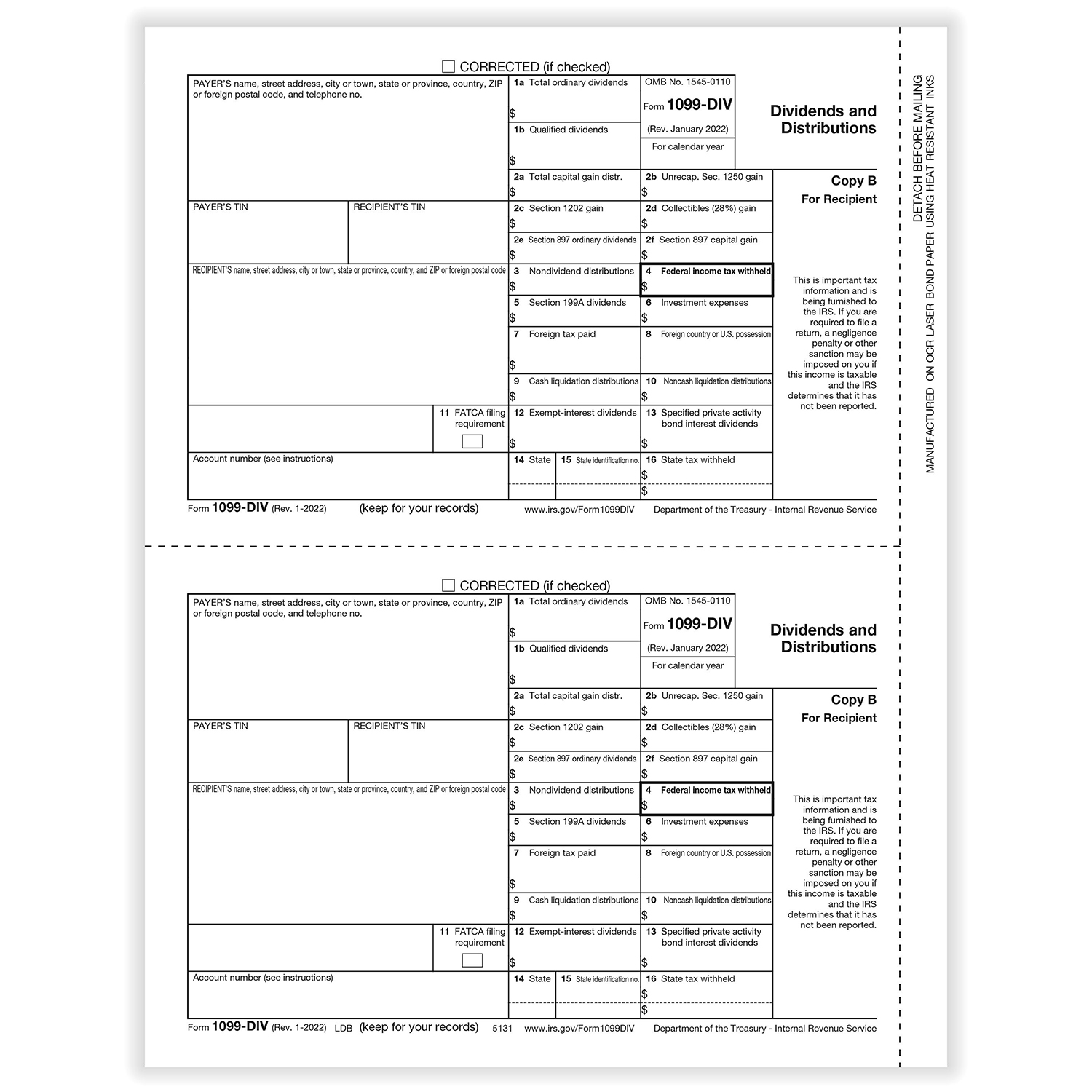 Picture of 1099-DIV, 2-Up, Recipient Copy B (1,000 Forms)