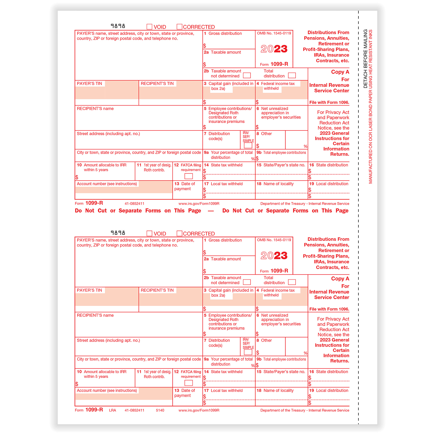 Picture of 1099-R, 2-Up, Federal Copy A (1,000 Forms)