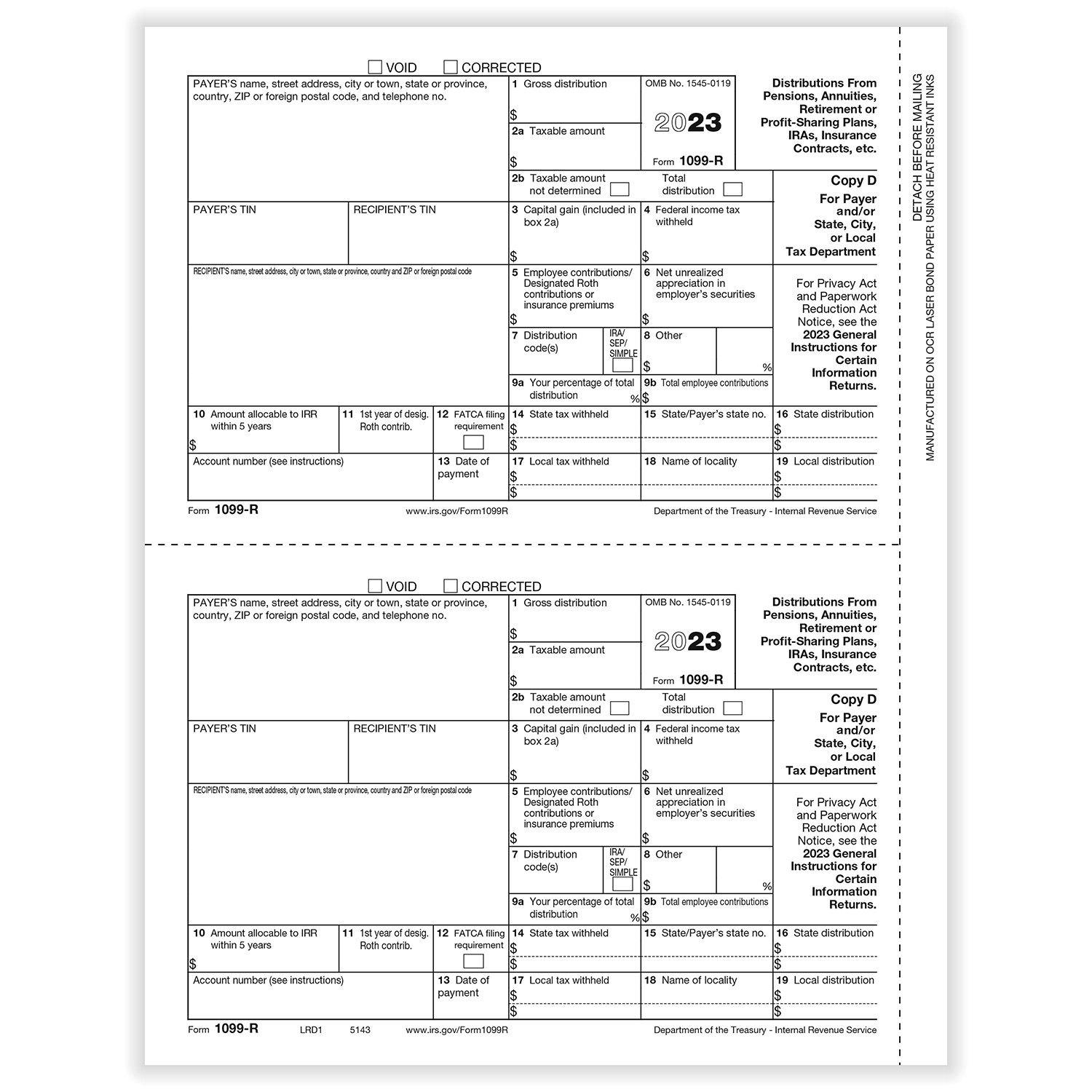 Picture of 1099-R, 2-Up, Payer Copy D and/or State, City or Local Copy (1,000 Forms)