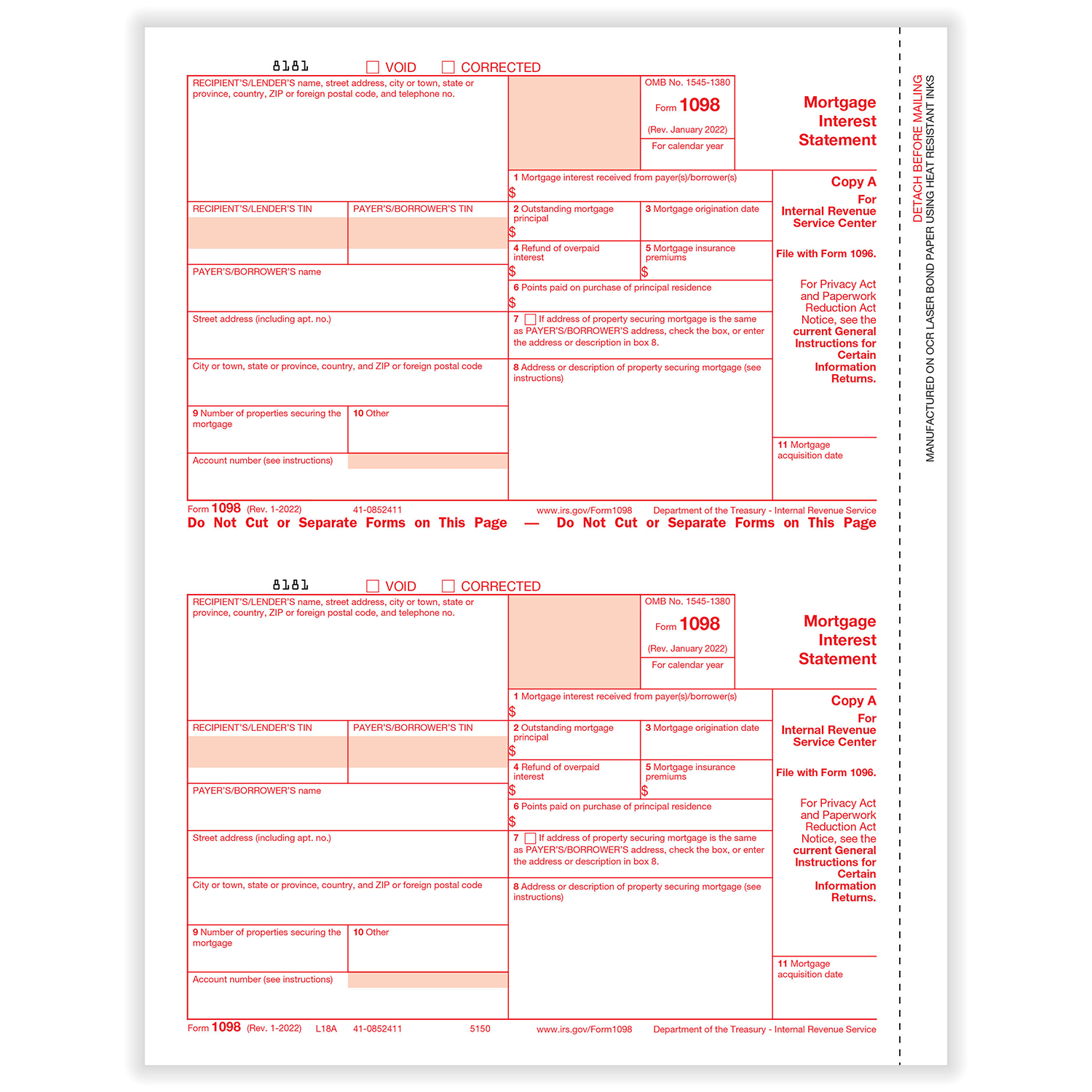 Picture of 1098-Mortgage Interest, 2-Up, Fed Copy A (1,000 Forms)