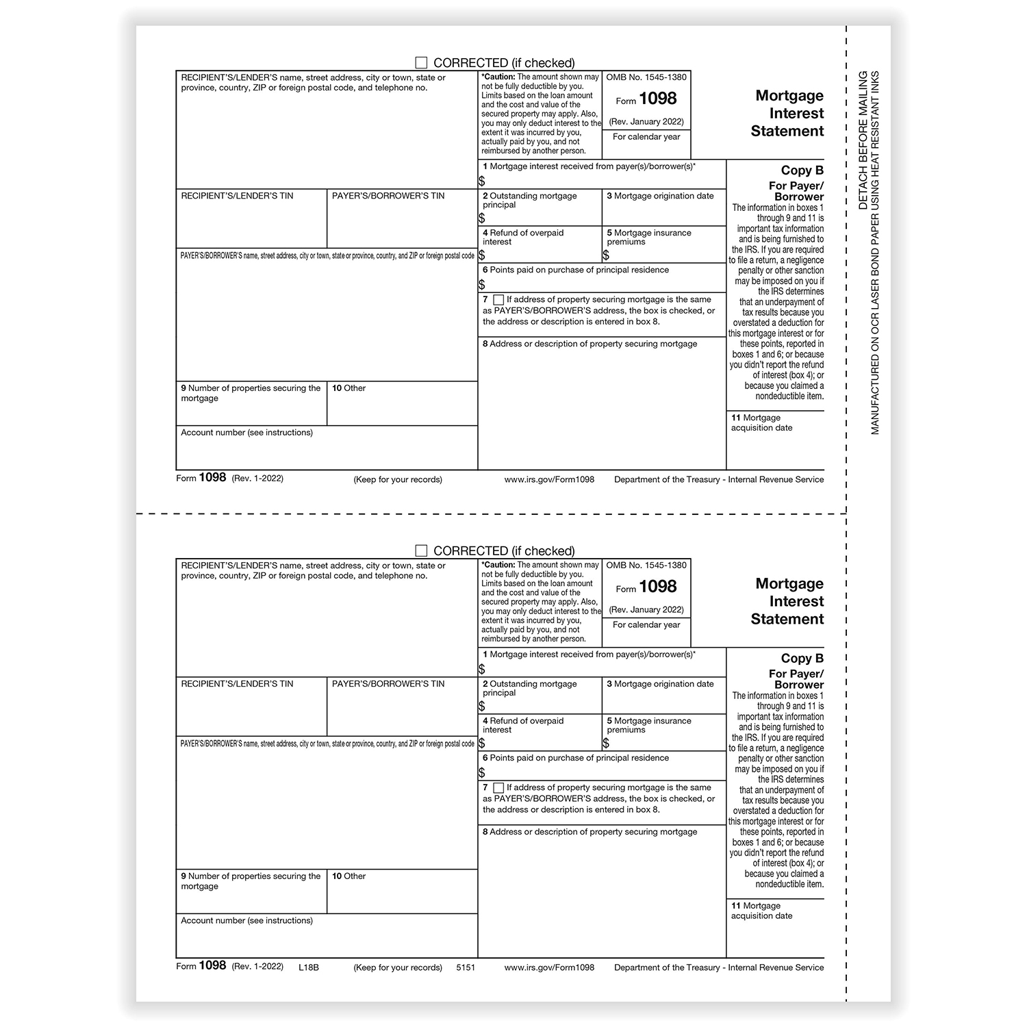 Picture of 1098-Mortgage Interest, 2-Up, Payer/Borrower Copy B (1,000 Forms)