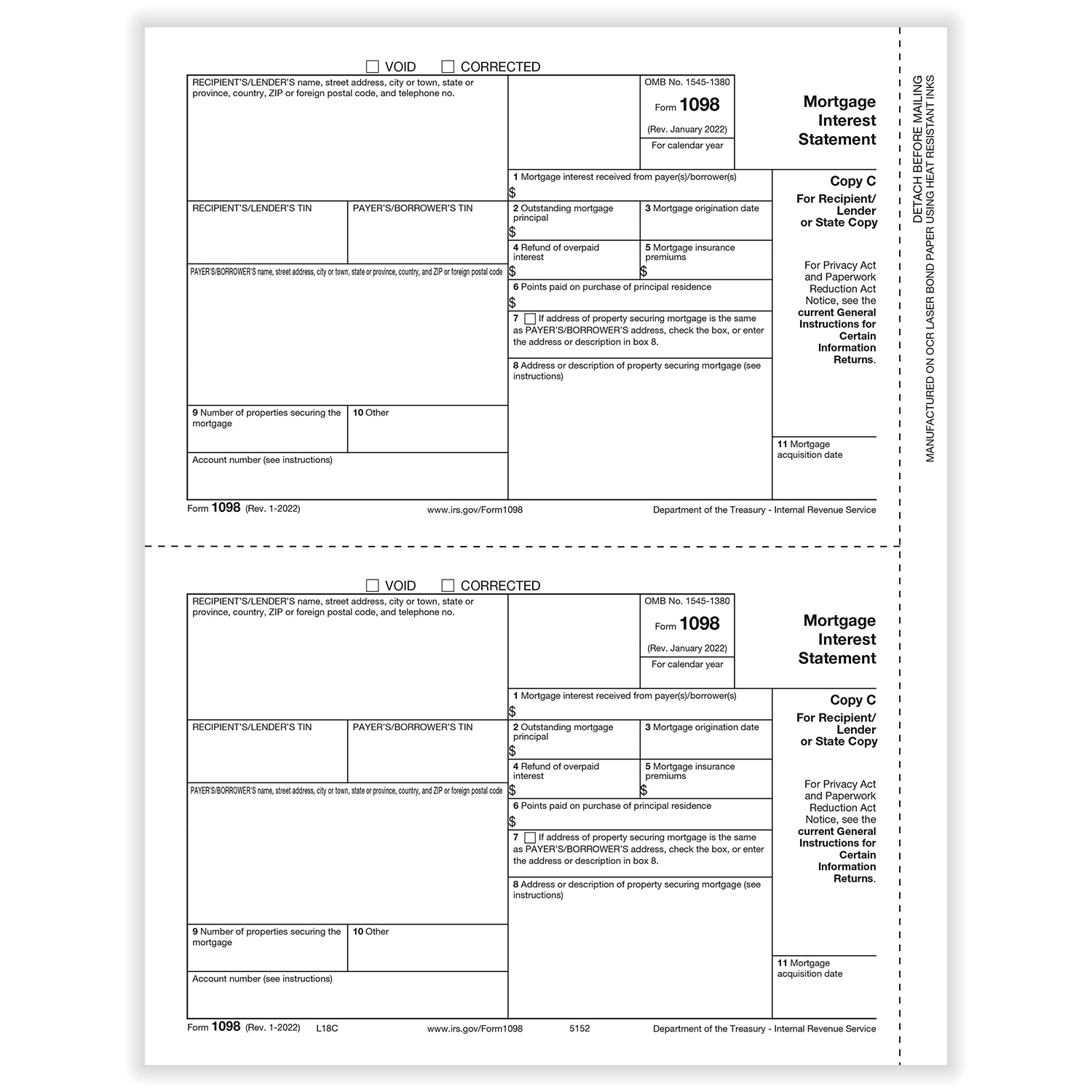 Picture of 1098-Mortgage Interest, 2-Up, Rec/Lender or State Copy C (1,000 Forms)