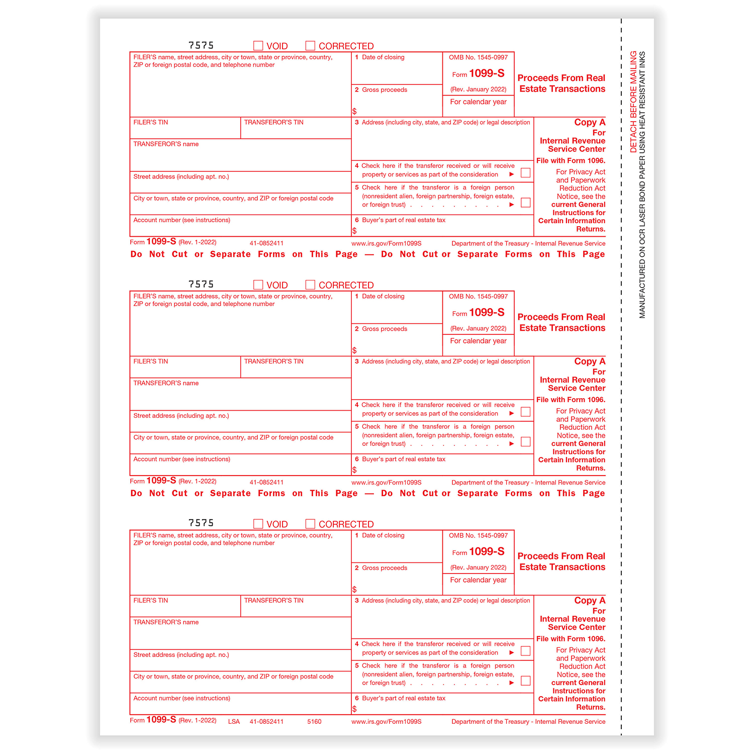 Picture of 1099-S, 3-Up, Fed Copy A, Proceeds from Real Estate Transactions (1,500 Forms)