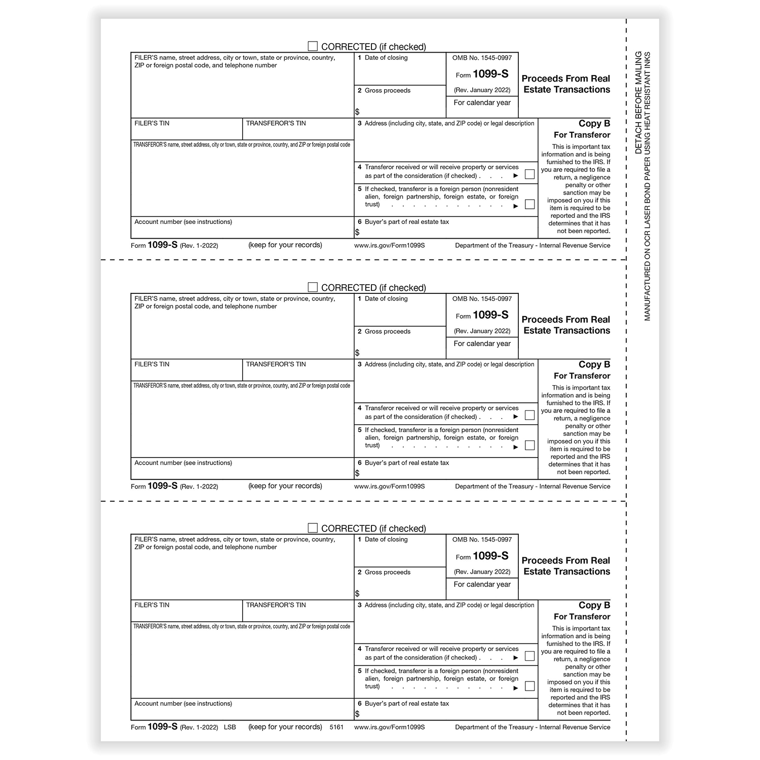 Picture of 1099-S, 3-Up, Transferor Copy B,Proceeds from Real Estate Transactions (1,500 Forms)
