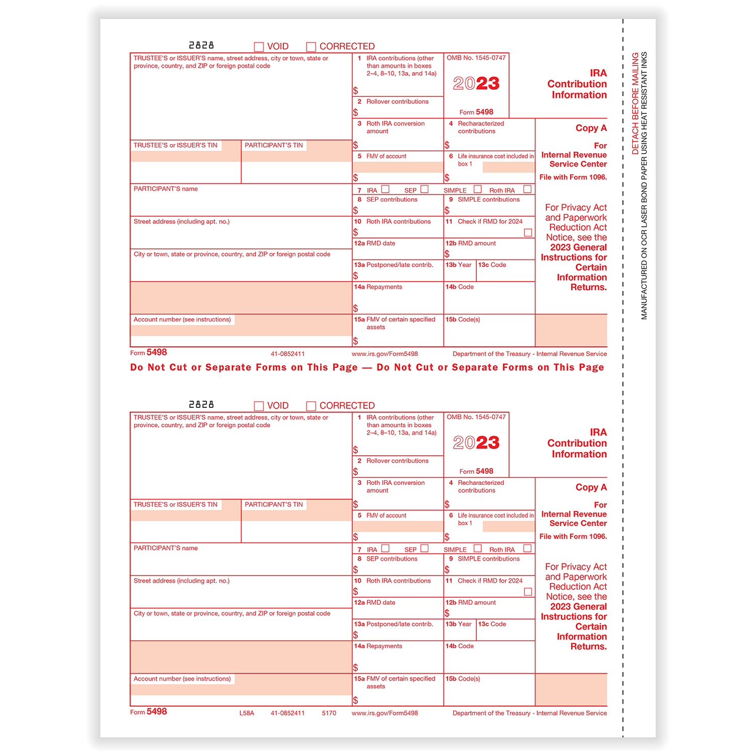 Picture of 5498-IRA Federal Copy A (1,000 Forms)