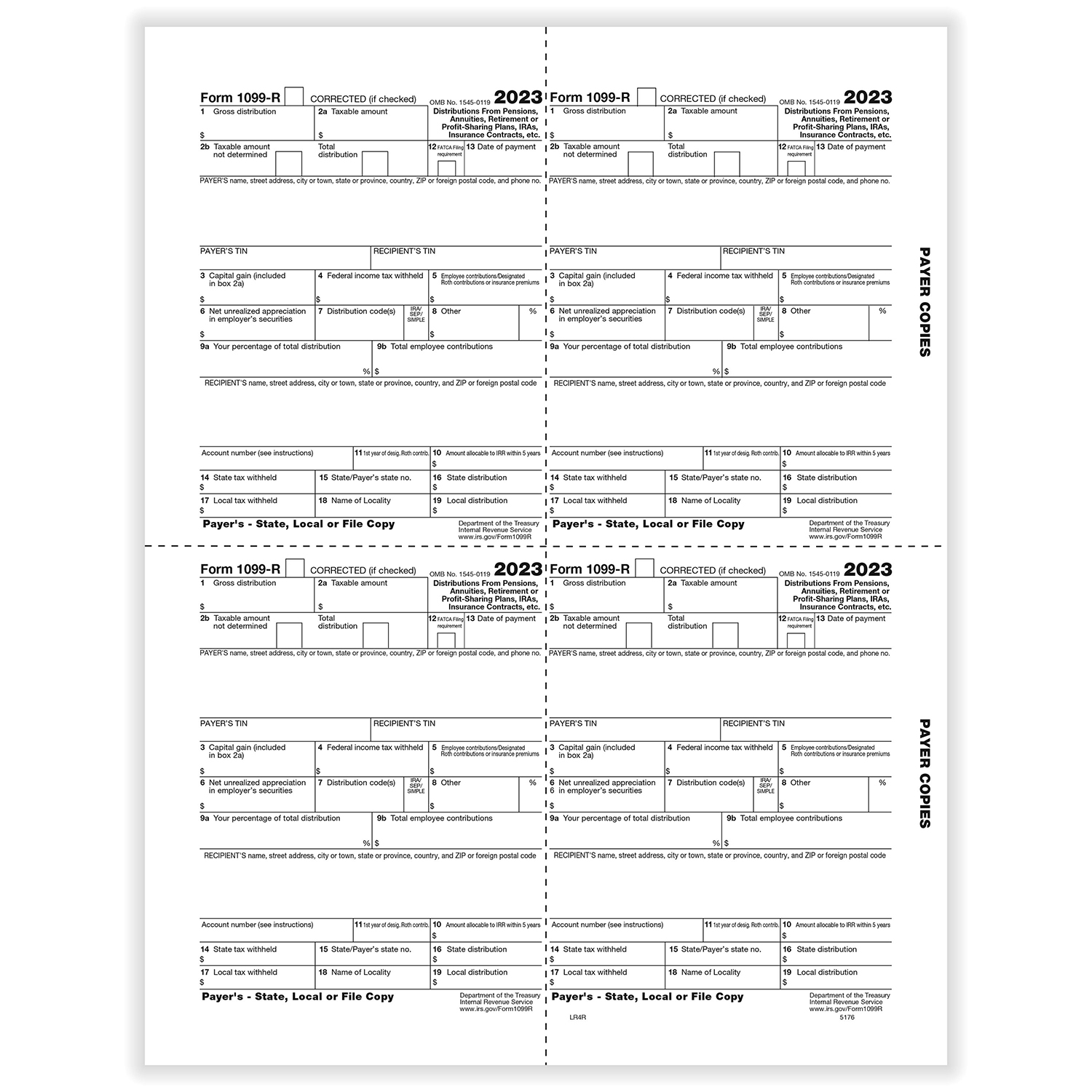 Picture of 1099-R, 4-Up Box, Payer, State, Local, or File Copy (500 Forms)