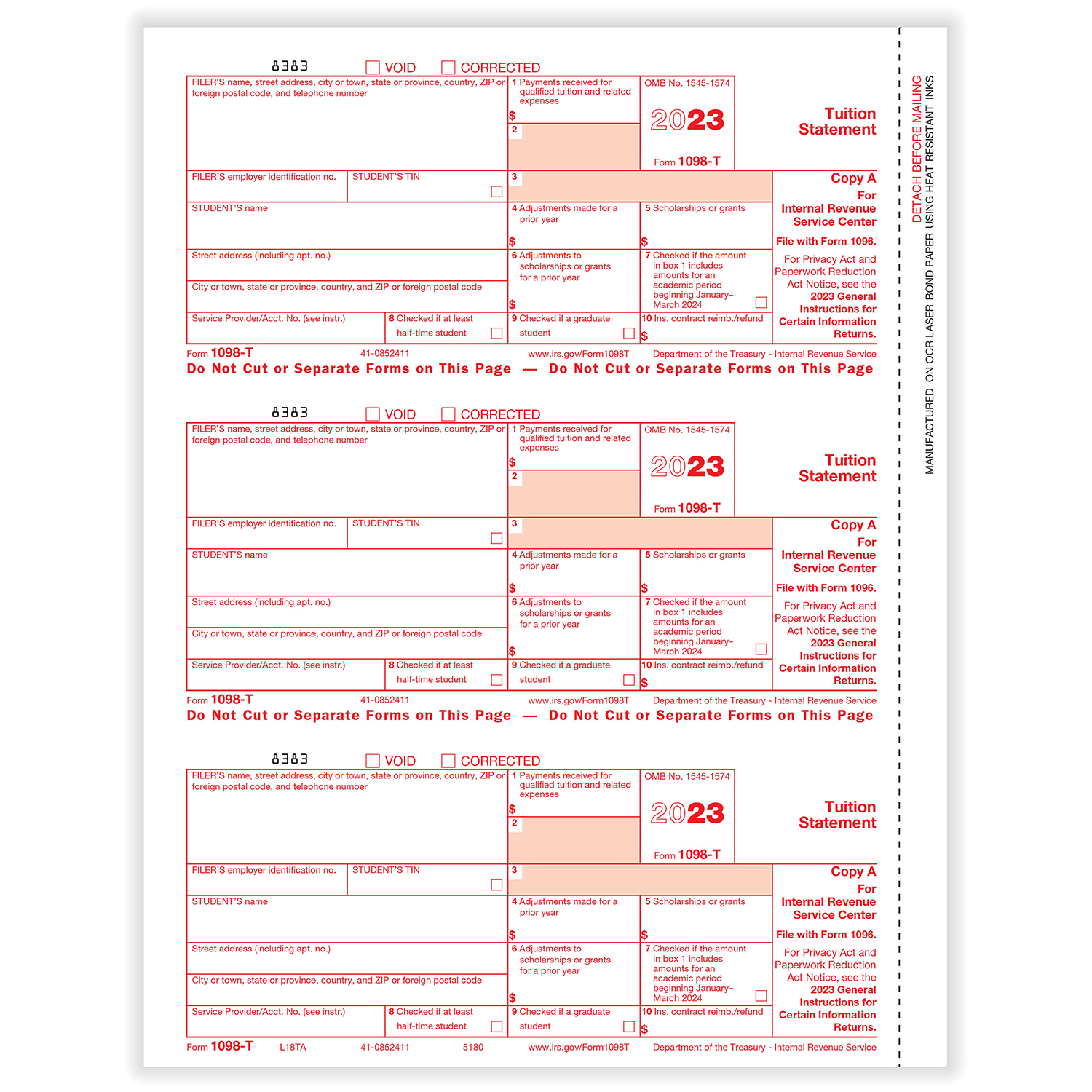 Picture of 1098-T, Federal Copy A  (1,500 Forms)