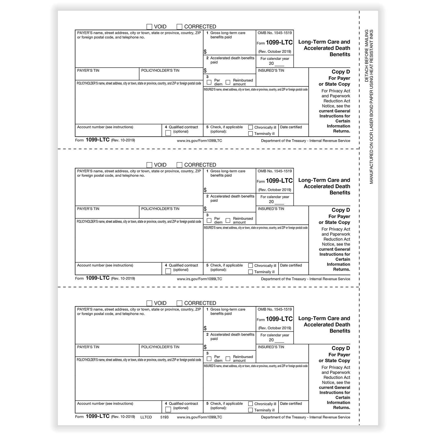 Picture of 1099-LTC, 3-Up, Payer Copy D (Long Term Care)