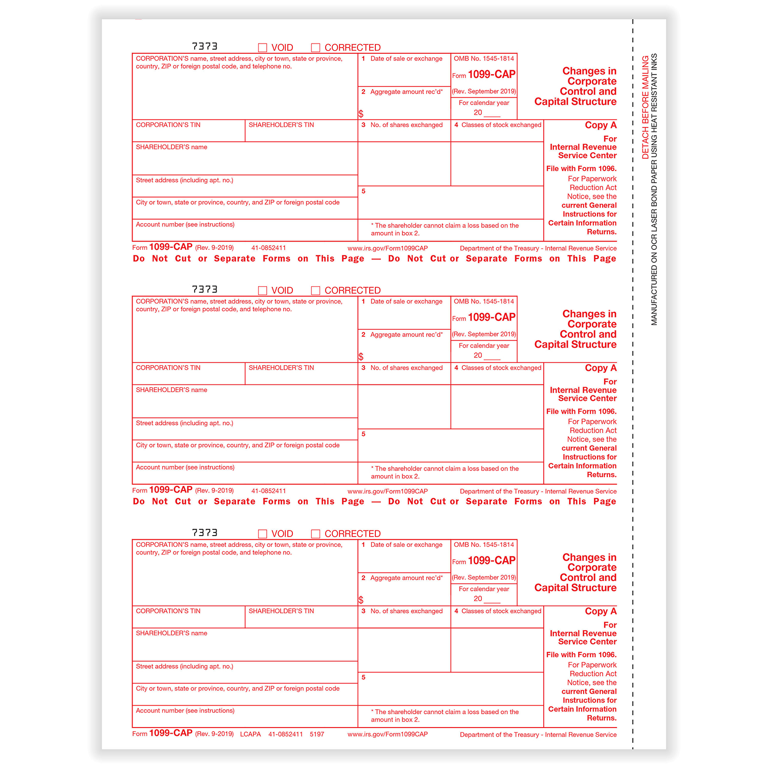 Picture of 1099-CAP, 3-Up, Fed Copy A (Changes in Corp Control & Capital Structure)