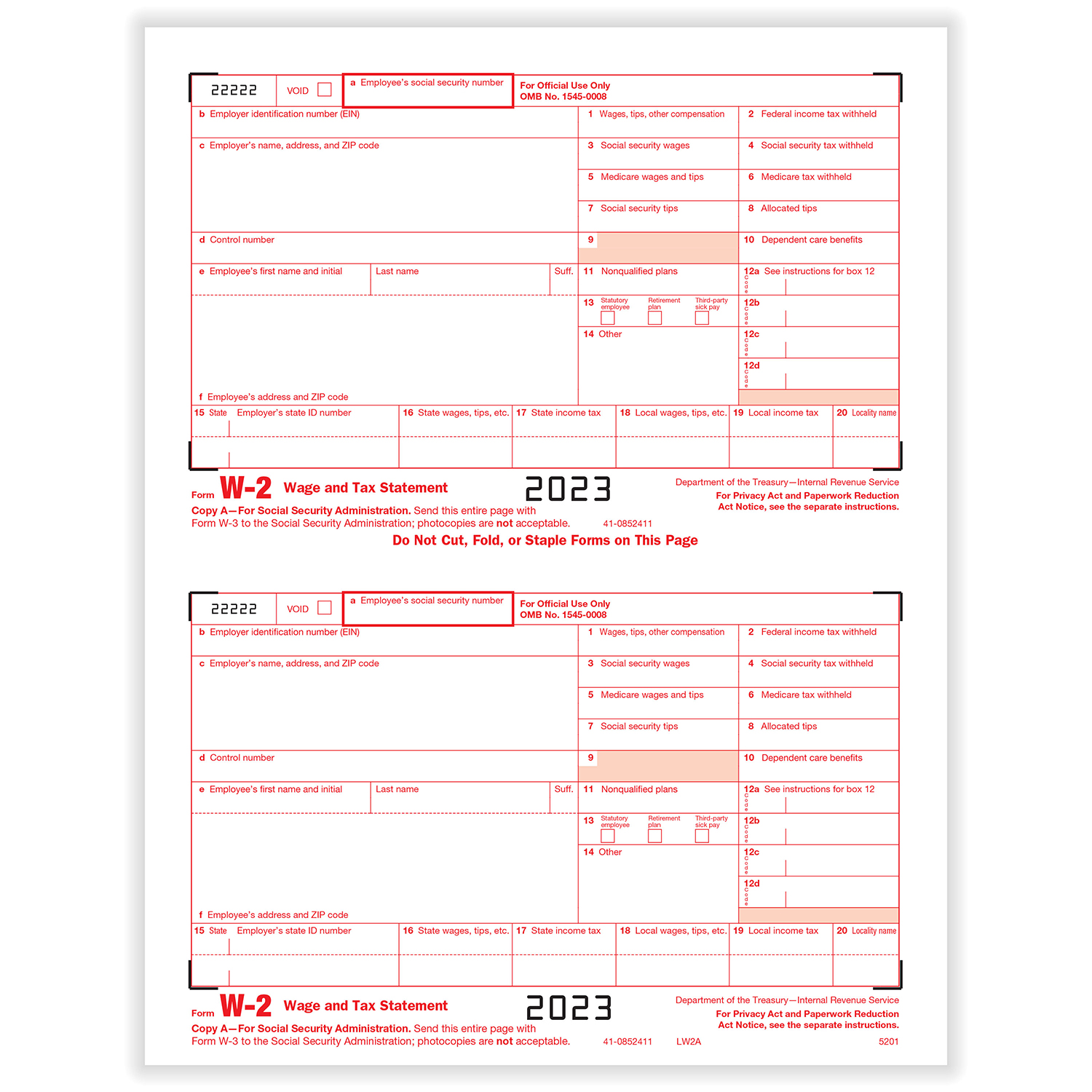Picture of W-2 Federal IRS Copy A (1,000 Forms)