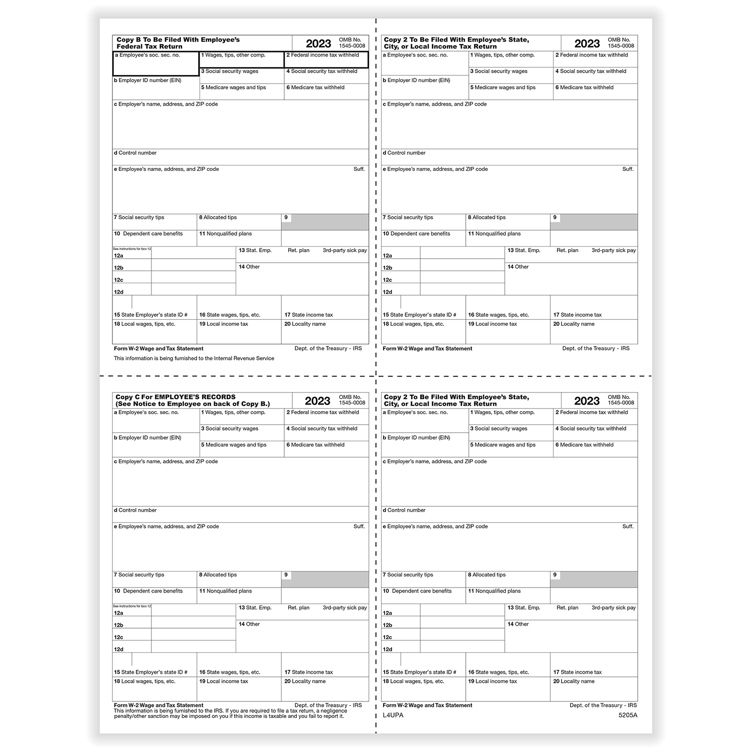 Picture of W-2, 4-Up Box, Employee Copy B,C,2 and 2 or Extra Copy (P Style)
