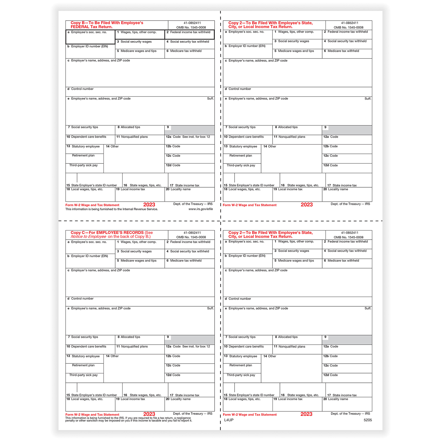 Picture of W-2, 4-Up Box, Employee Copy B,C,2 and 2 or Extra Copy