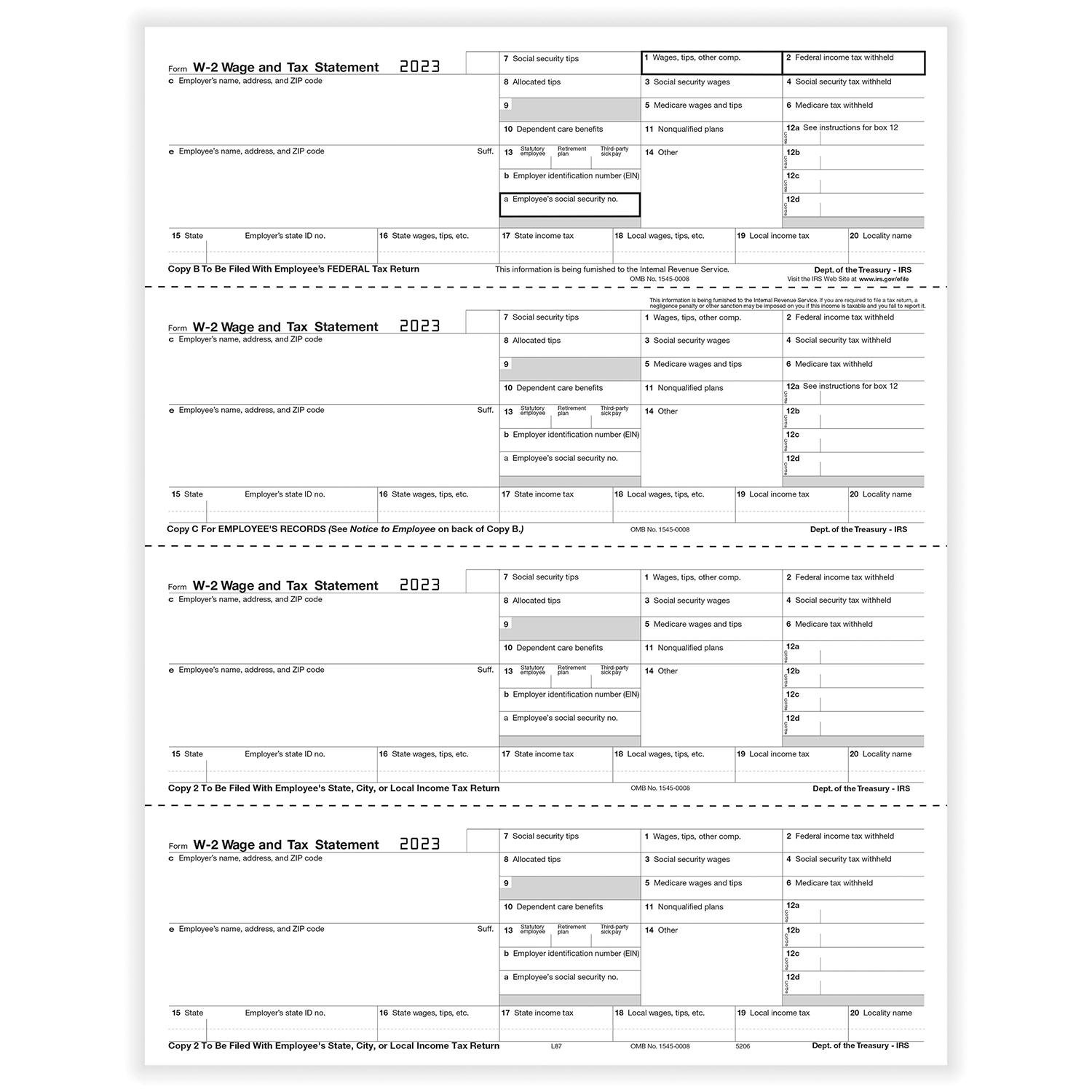 Picture of W-2, 4-Up Horizontal, Employee Copy B,C,2,2 or Extra Copy (500 Forms)