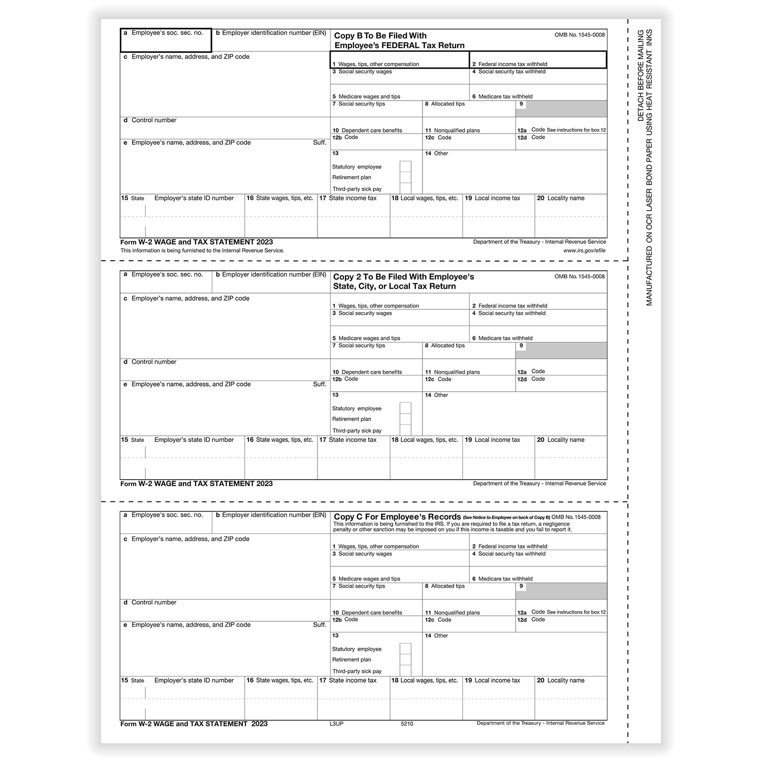Picture of W-2, 3-Up Horizontal, Employee Copy B,C and 2 (500 Forms)