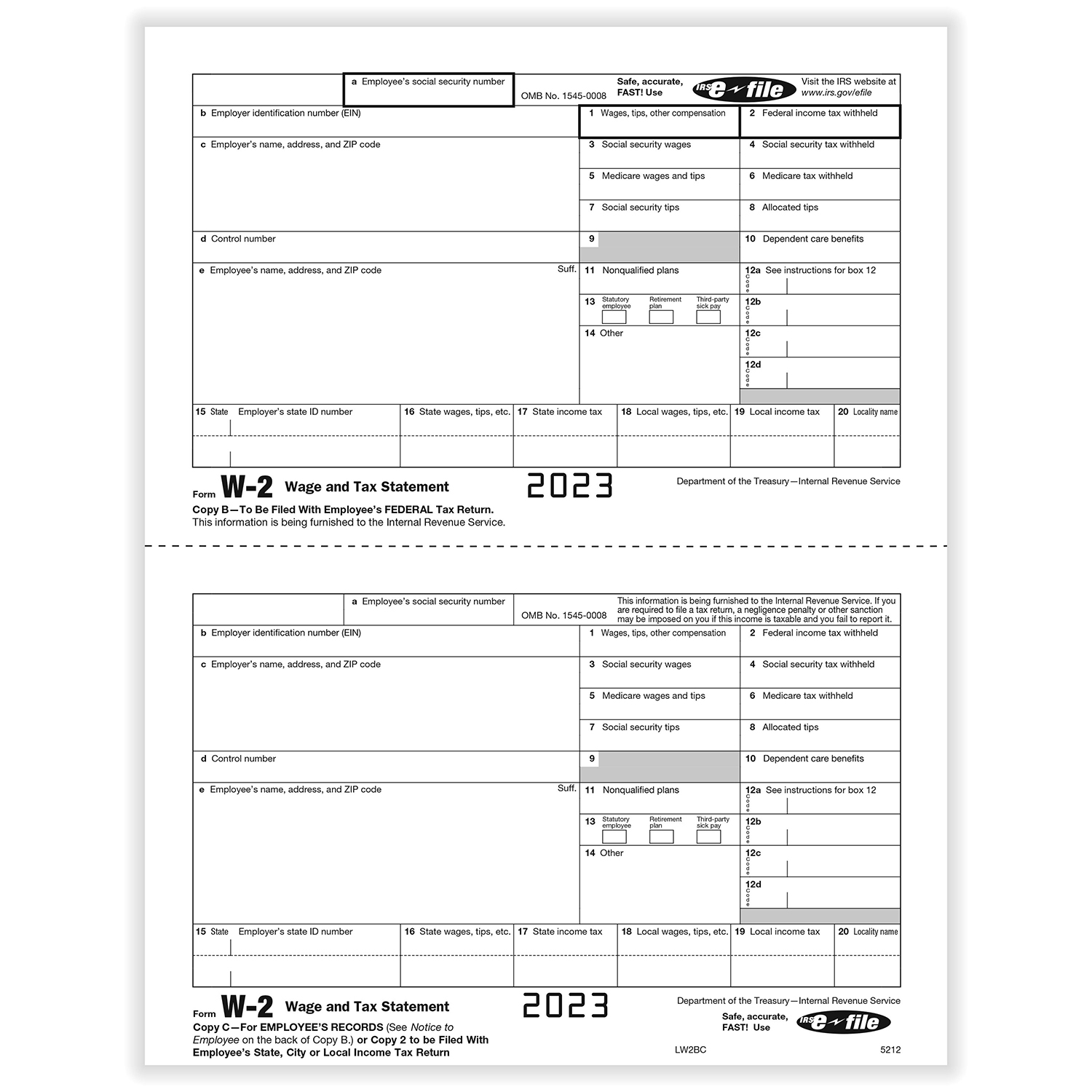 Picture of W-2, 2-Up, Employee Copy B and C Combined (500 Forms)