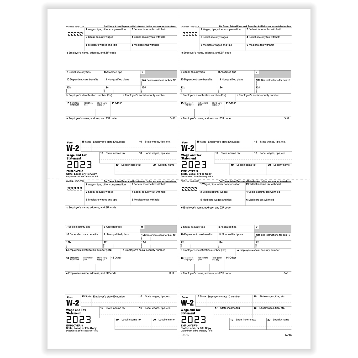 Picture of W-2, 4-Up Box, Employer Copy D or 1 State/City or Local (M Style) (500 Forms)