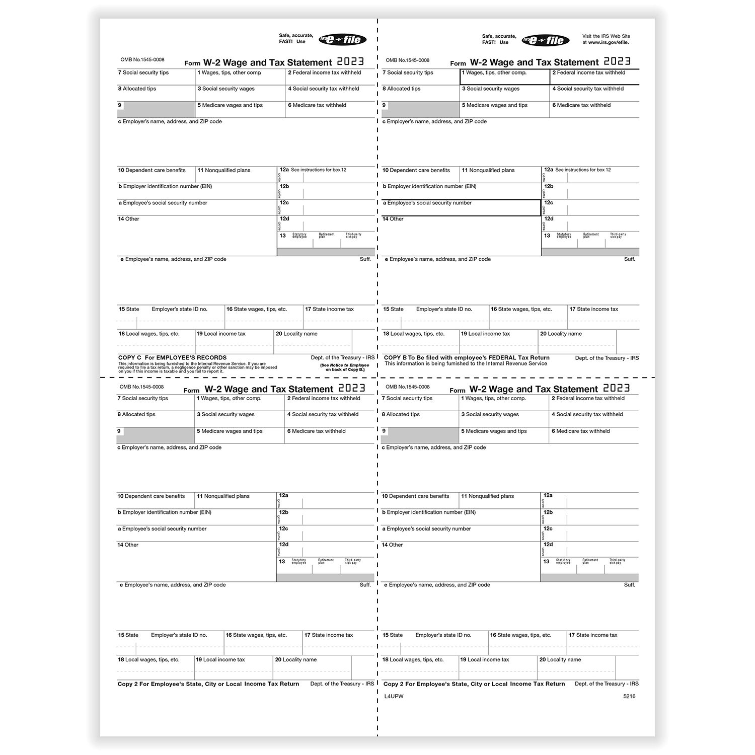 Picture of W-2, 4-Up Box, Employee Copy B,C,2,2 or Extra Copy (W Style) (500 Forms)