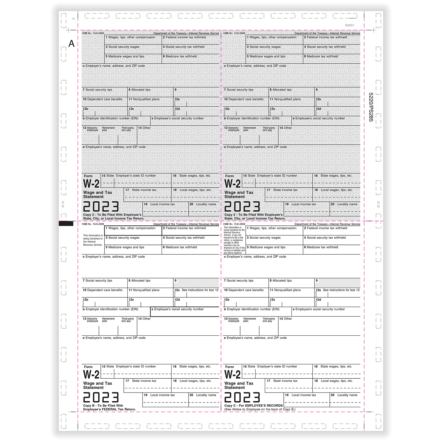 Picture of W-2, Employee Copy B,C,2 and 2 or Extra Copy, 4-Up Box, 11" V-Fold (500 Forms)