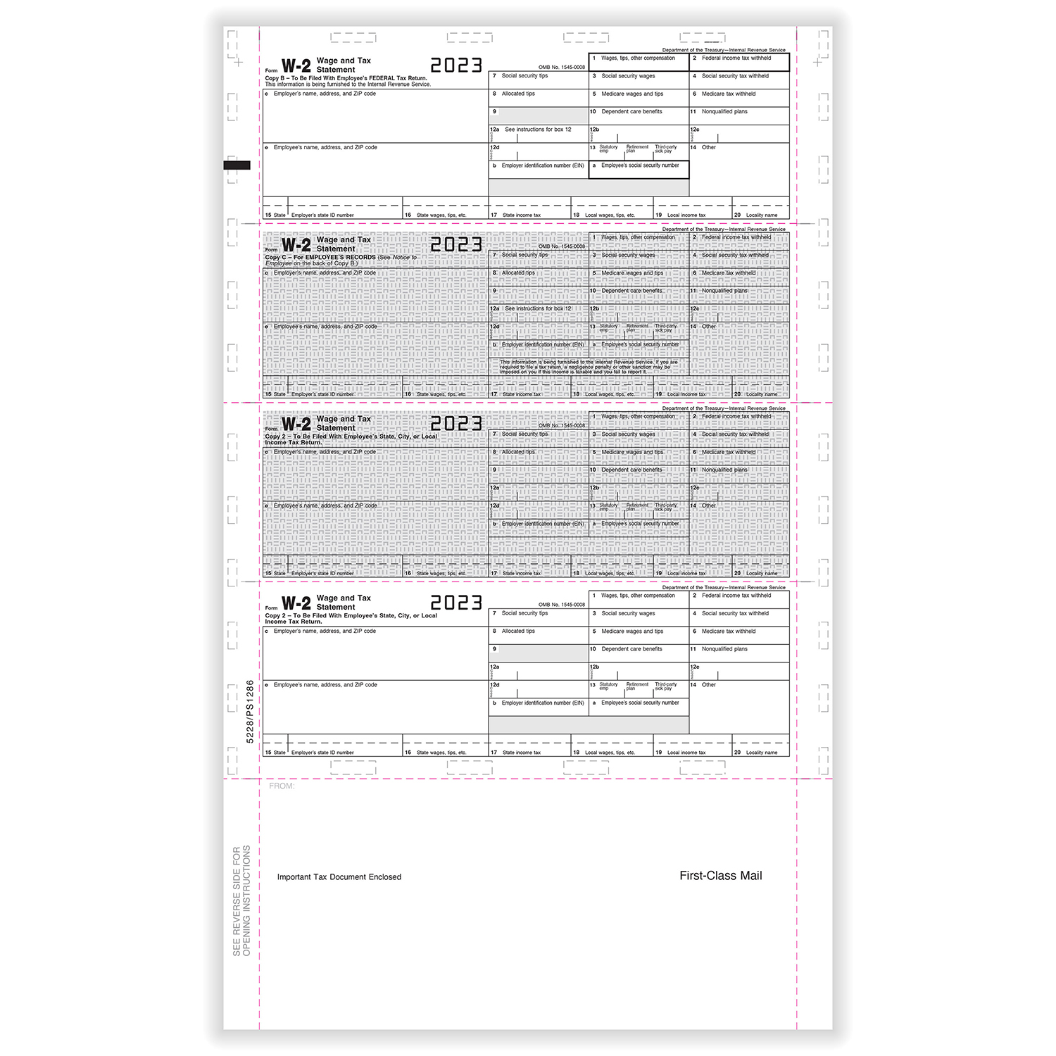 Picture of W-2, Employee Copy B,C,2 or Extra Copy, 4-Up Horizontal, 14" Eccentric, Z-Fold (500 Forms)