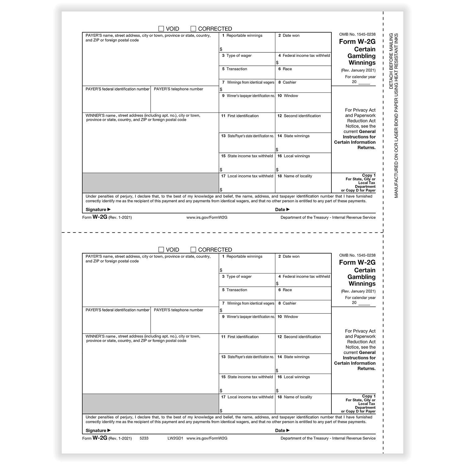 Picture of W-2G, 1/D Payer and/or State/City Copy (DATELESS)
