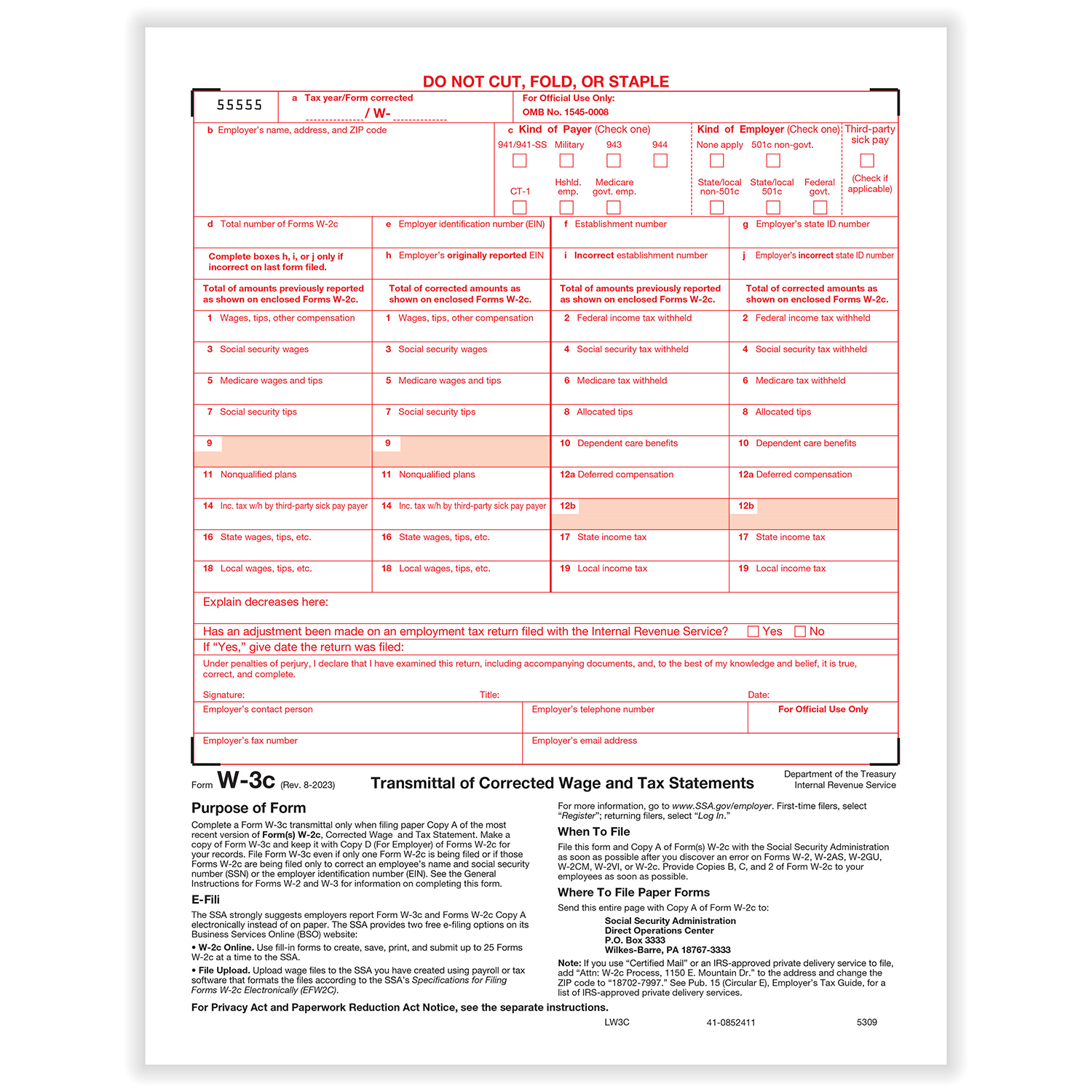 Picture of W-3C Transmittal of Corrected Income and Tax Statement Form, Pack of 25
