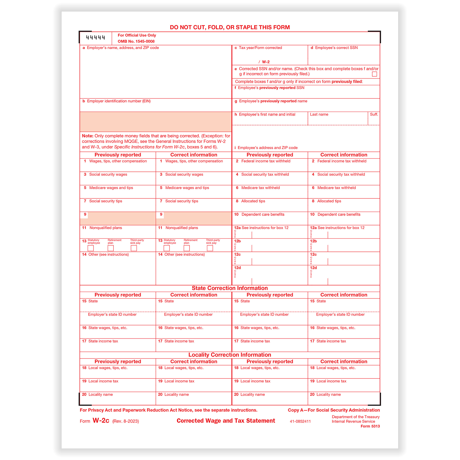 Picture of W-2C Fed Copy A, Corrected Income (500 Forms)
