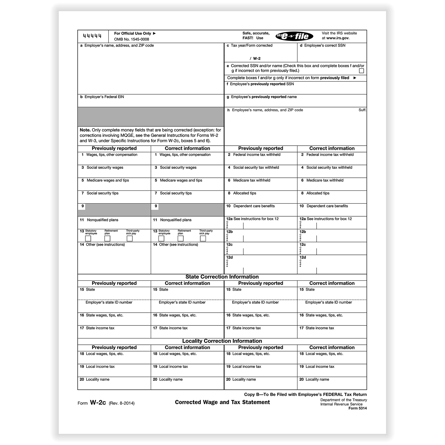 Picture of W-2C Employee Copy B, Corrected Income (500 Forms)