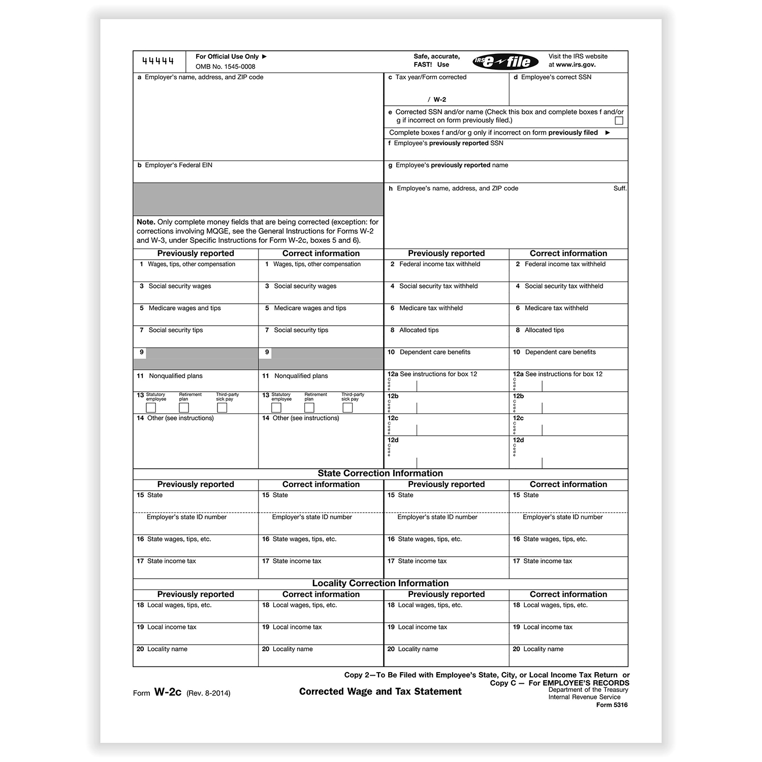 Picture of W-2C Employee Copy 2 or C, Corrected Income (500 Forms)
