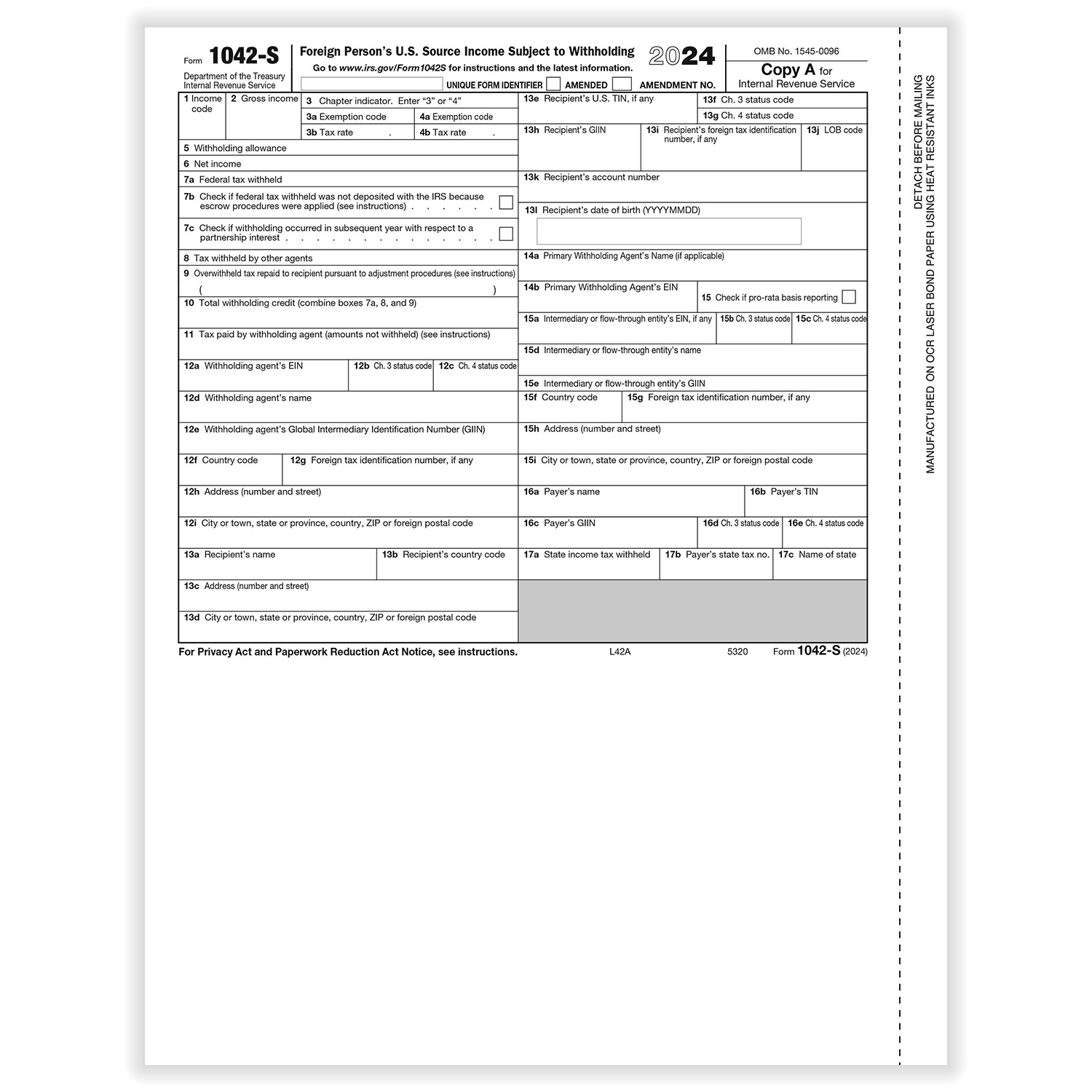 Picture of 2024 1042S Federal Copy A, Foreign Person's U.S. Source Withholding