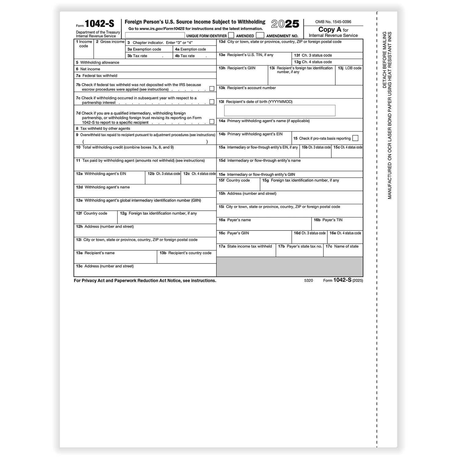 Picture of 2025 1042S Federal Copy A, Foreign Person's U.S. Source Withholding, Pack of 50 (50 Forms)