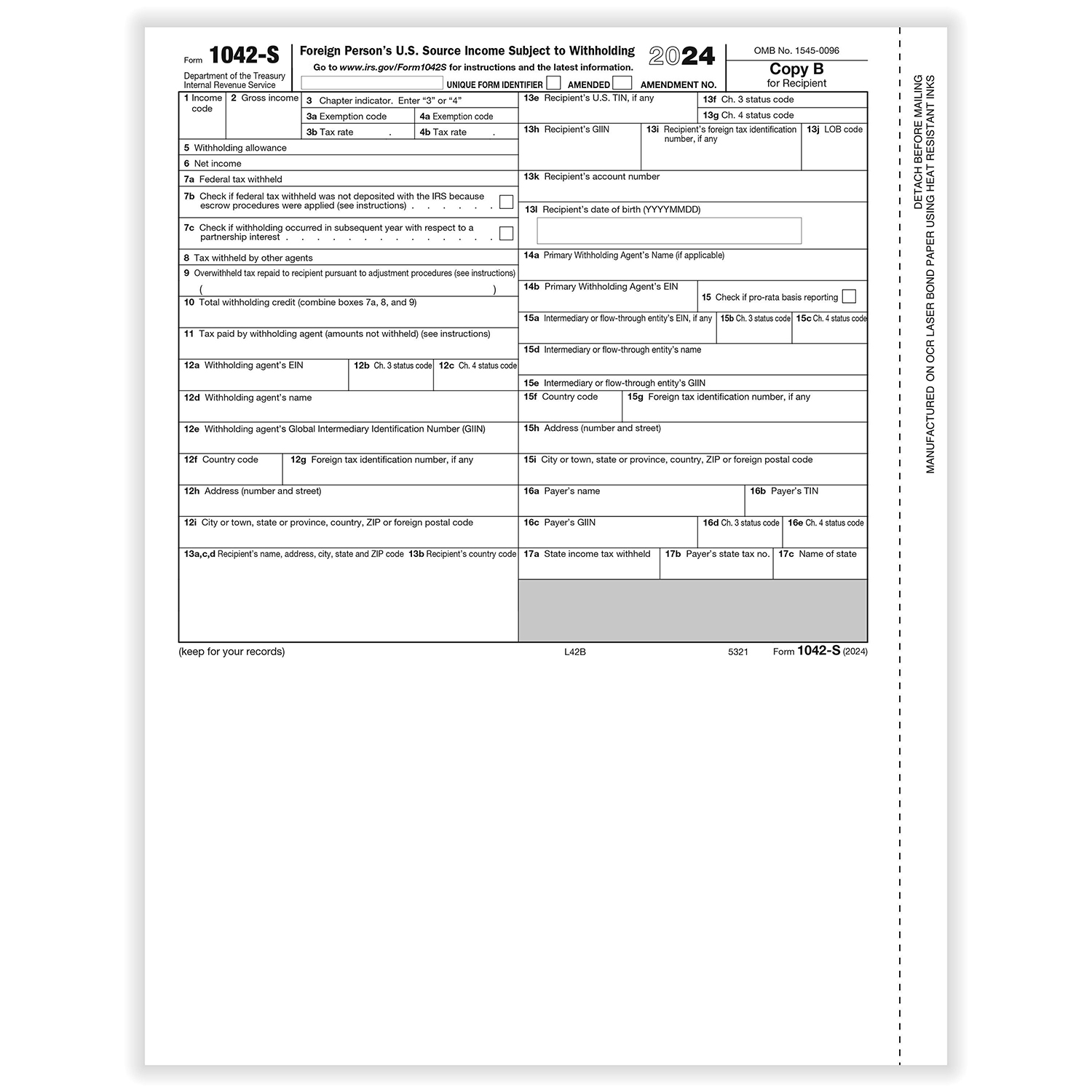 Picture of 2024 1042S Recipient Copy B, Foreign Person's U.S. Source Withholding