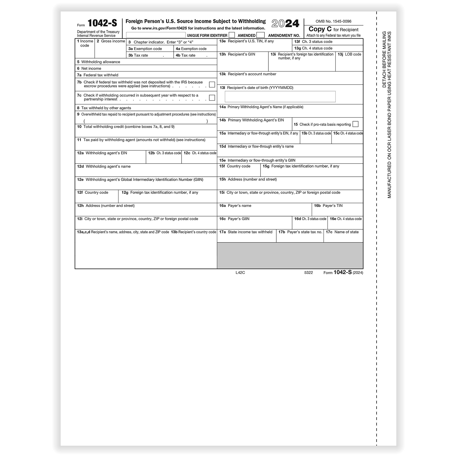 Picture of 2024 1042S Recipient Copy C, Foreign Person's U.S. Source Withholding