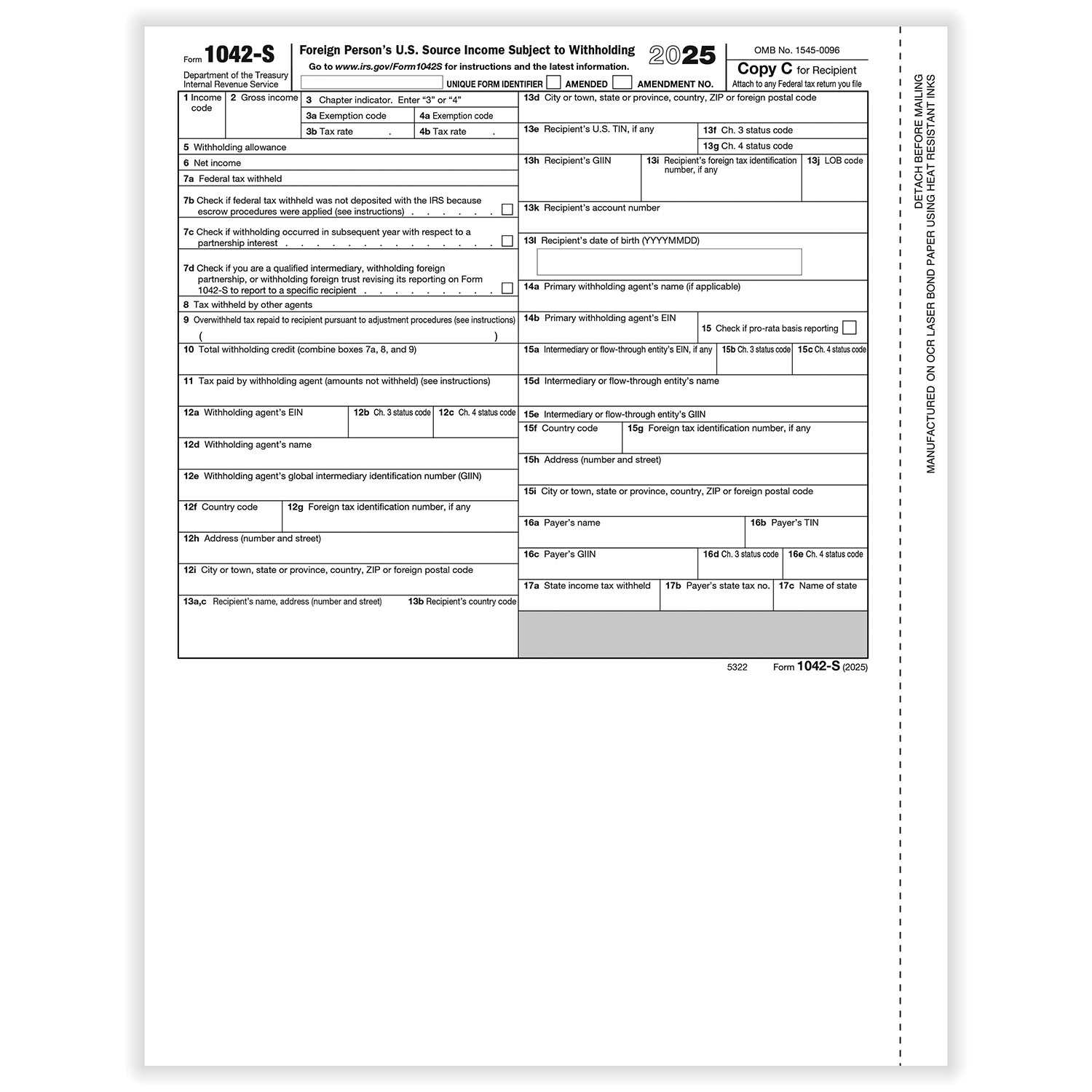 Picture of 2025 1042S Recipient Copy C, Foreign Person's U.S. Source Withholding, Pack of 50 (50 Forms)