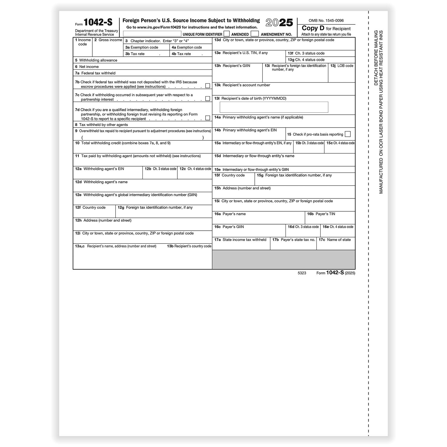 Picture of 2025 1042S Recipient Copy D, Foreign Person's U.S. Source Withholding, Pack of 50 (50 Forms)