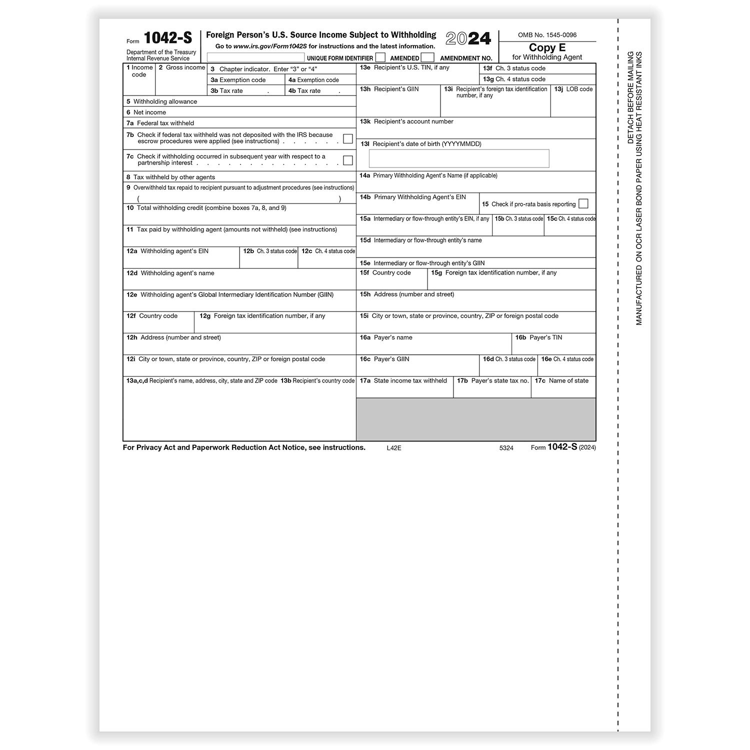 Picture of 2024 1042S Copy E, Foreign Person's U.S. Source Withholding