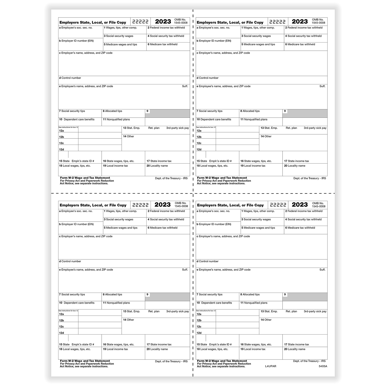 Picture of W-2, 4-Up Box, Employer Copy D or 1 State/City or Local (P Style)