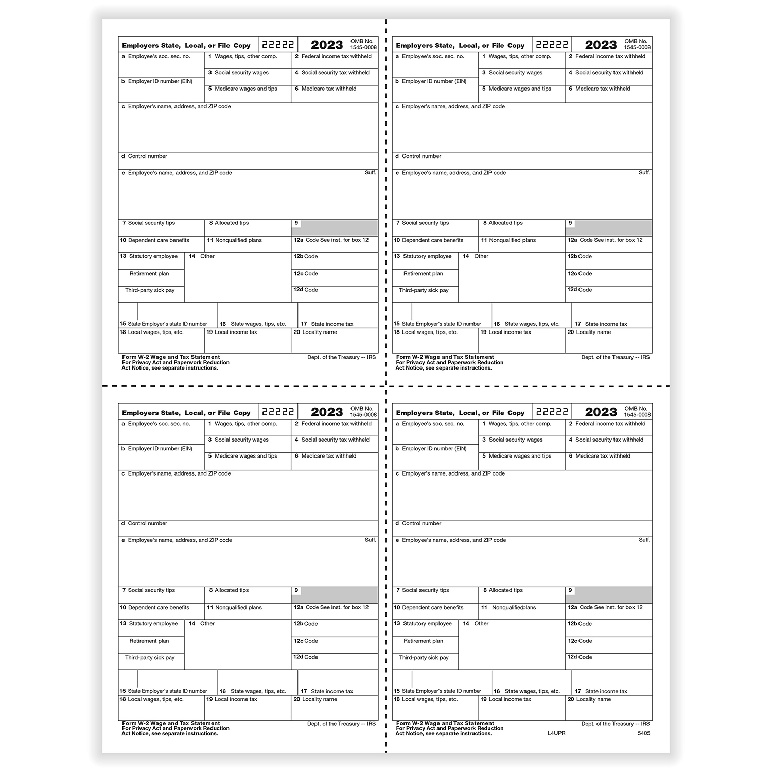Picture of W-2, 4-Up Box, Employer Copy D or 1 State/City or Local (500 Forms)
