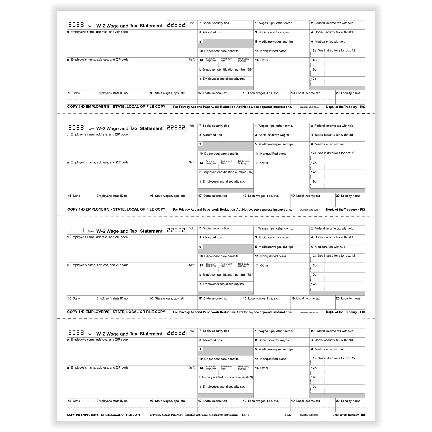 Picture of W-2, 4-Up Horizontal, Employer Copy D or 1 State/City or Local (500 Forms)