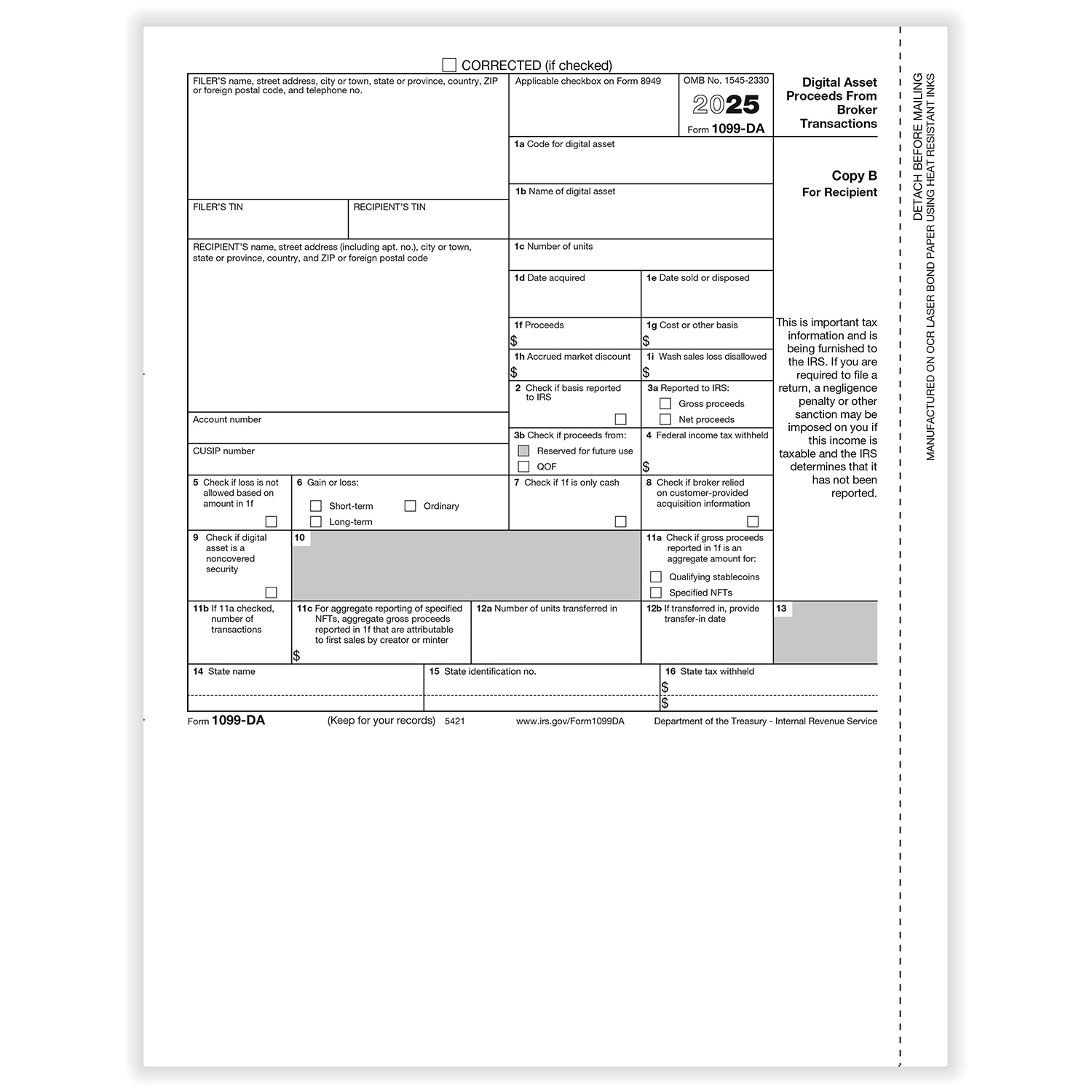 Picture of 1099-DA Recipient Copy B, Pack of 50 (50 Forms)